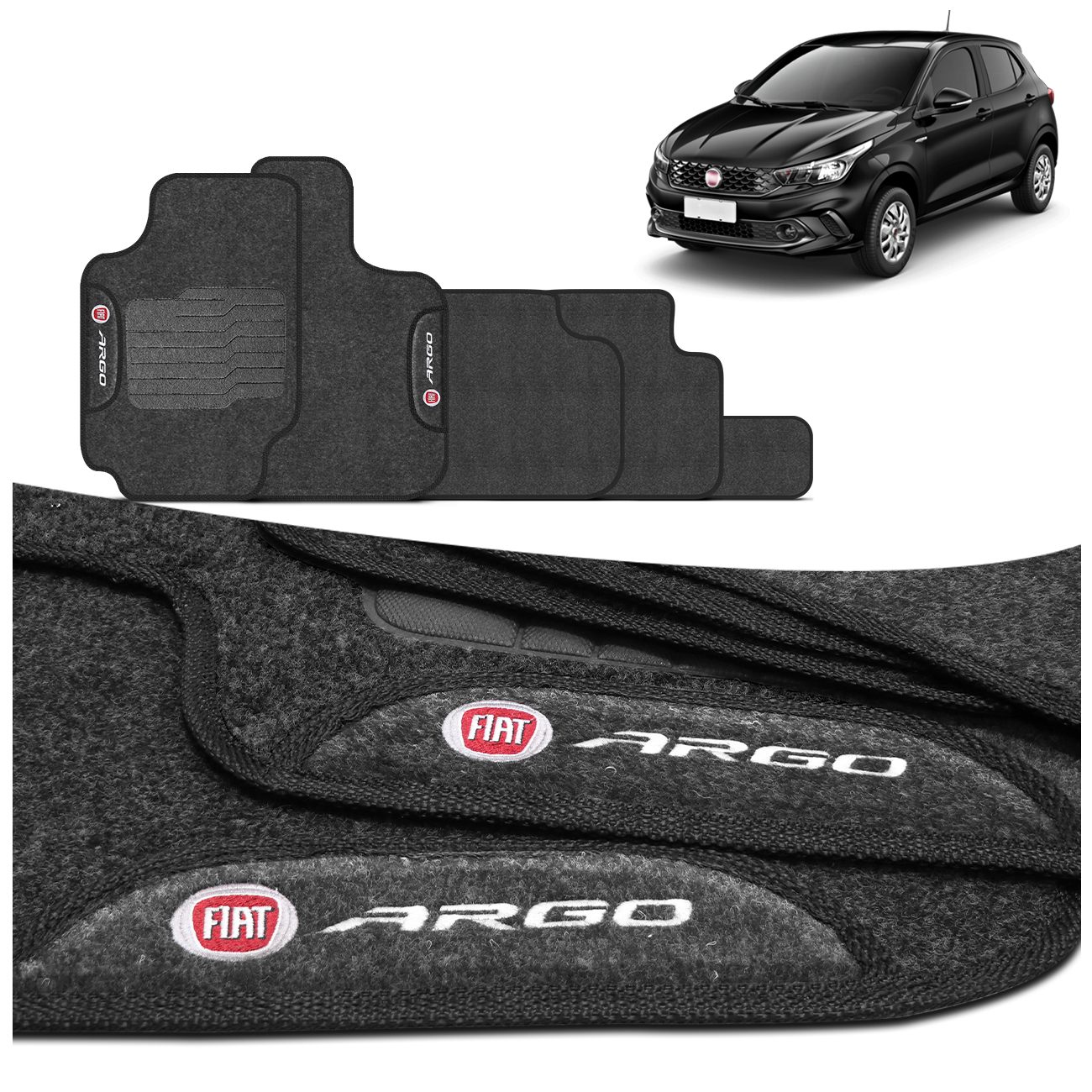 Jogo de Tapetes Carpete Fiat Argo 2017 a 2025 Com Logo Bordado Concept 3D 5 Peças