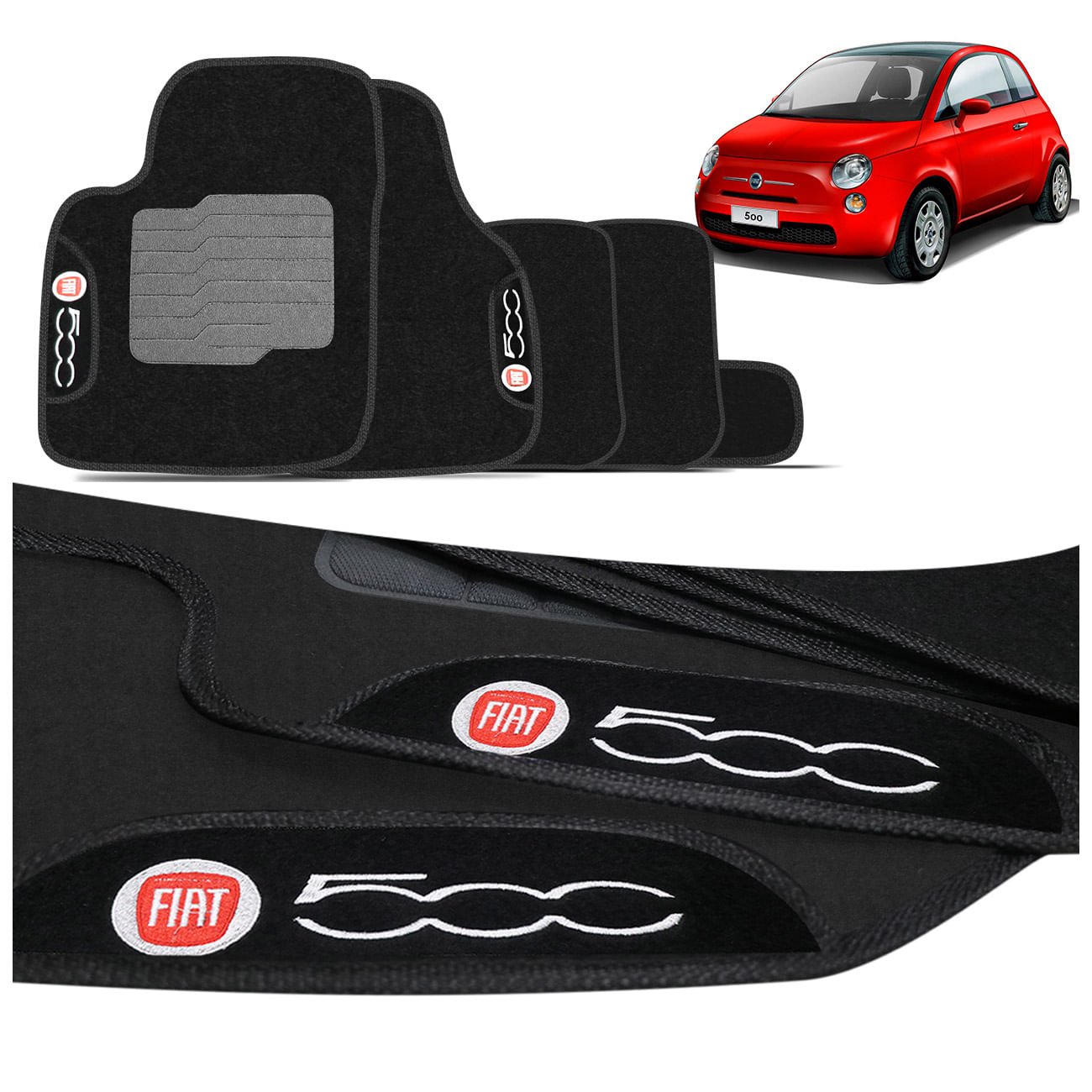 Jogo de Tapetes Carpete Fiat 500 2010 a 2017 Preto Grafite com Logo Bordado Concept 3D 5 Peças