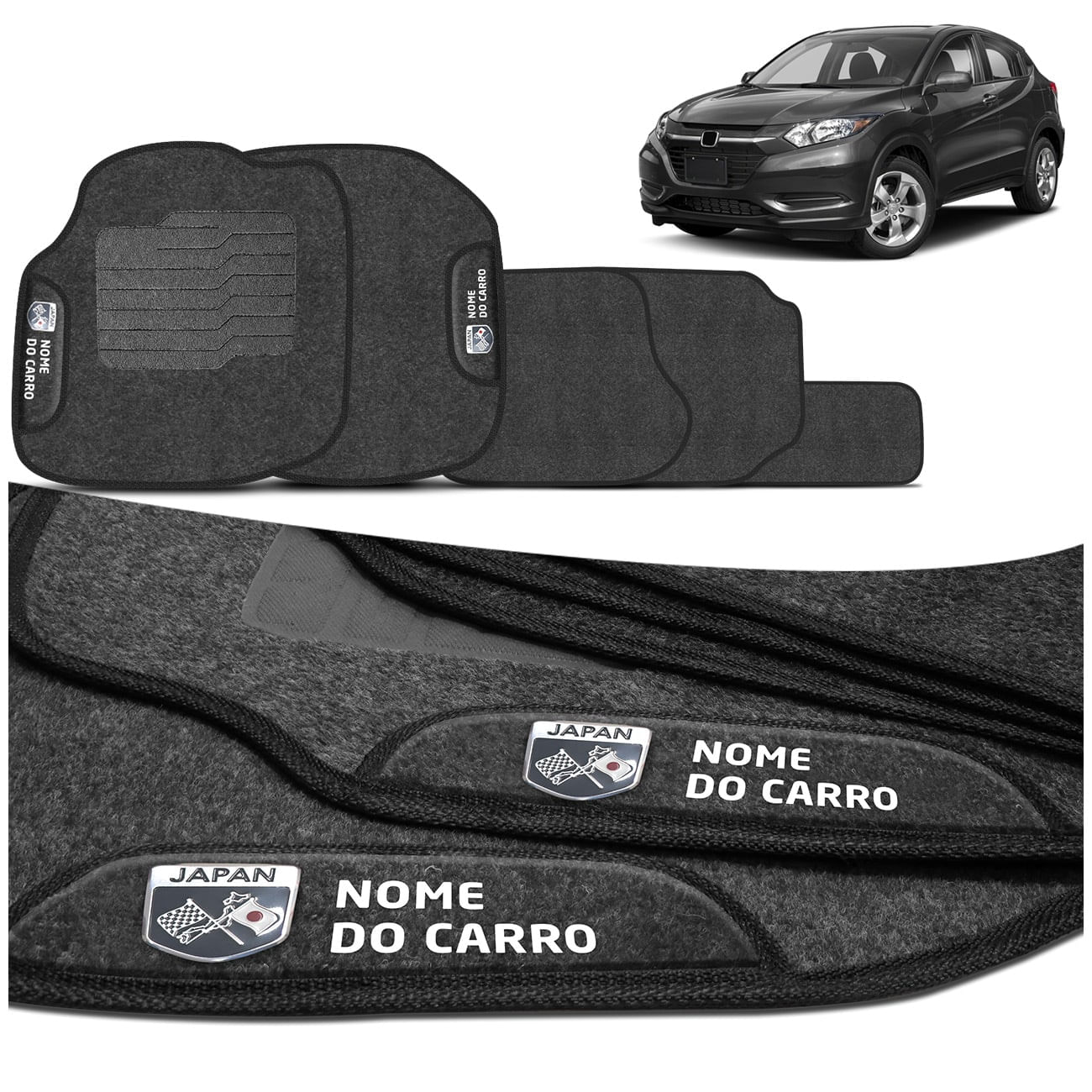 Jogo Tapete Carpete Compatível HR-V 2015 a 2022 Preto Grafite Cinza Bordado Concept 3D 5 Peças