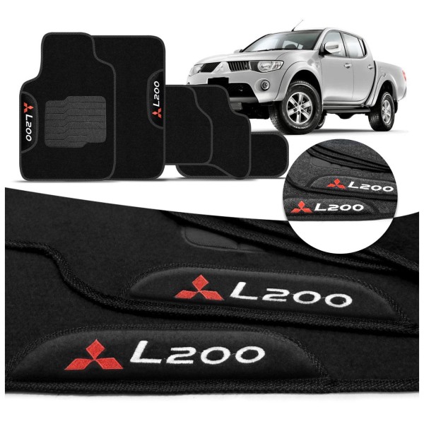 Jogo de Tapetes Carpete L200 Sport 2004 a 2011 Grafite Preto com Logo Bordado Concept 3D 5 Peças