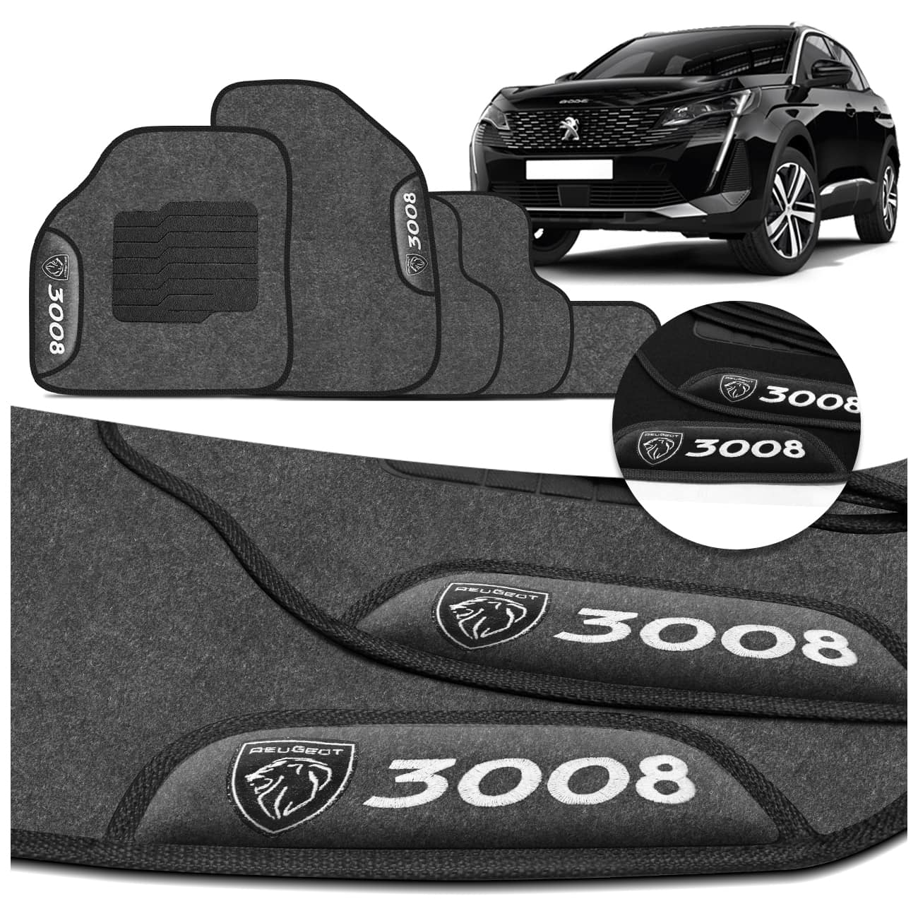 Jogo de Tapetes Carpete Peugeot 3008 2011 a 2019 Preto Grafite Com Logo Bordado Concept 3D 5 Peças