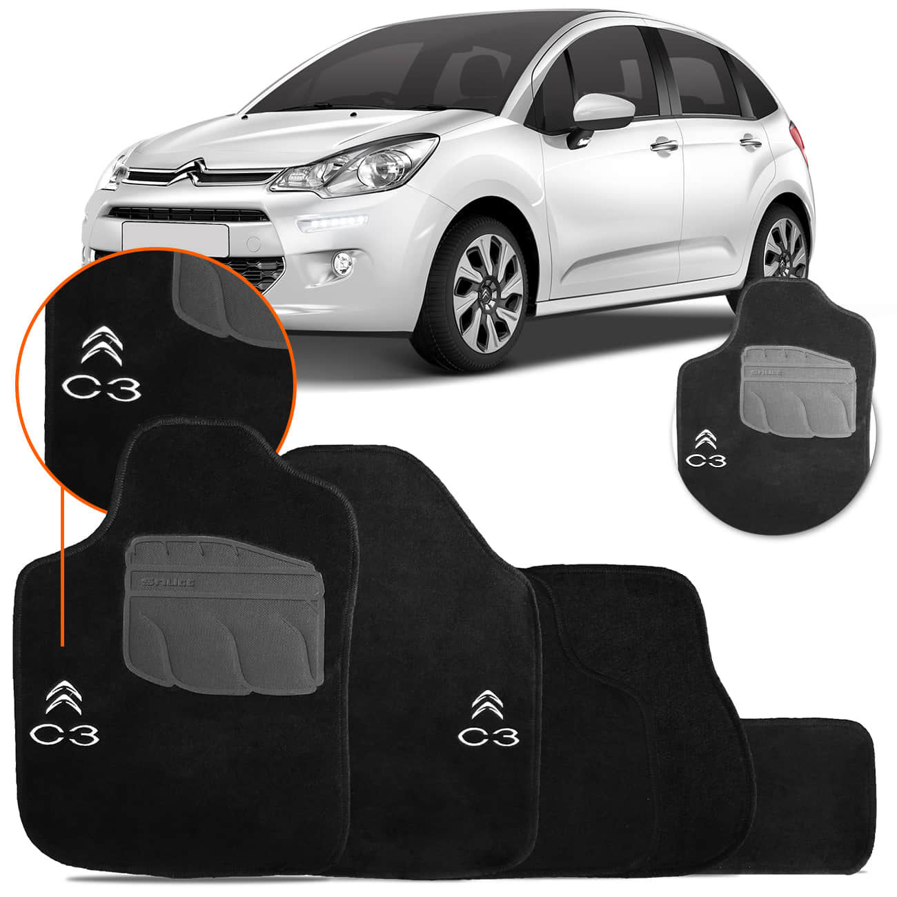 Encontraproduto.com.br - Jogo de Tapete Carpete Citroen C3 2003 a 2020 Preto Grafite Com Logo Bordado Concept 3D 5 Peças