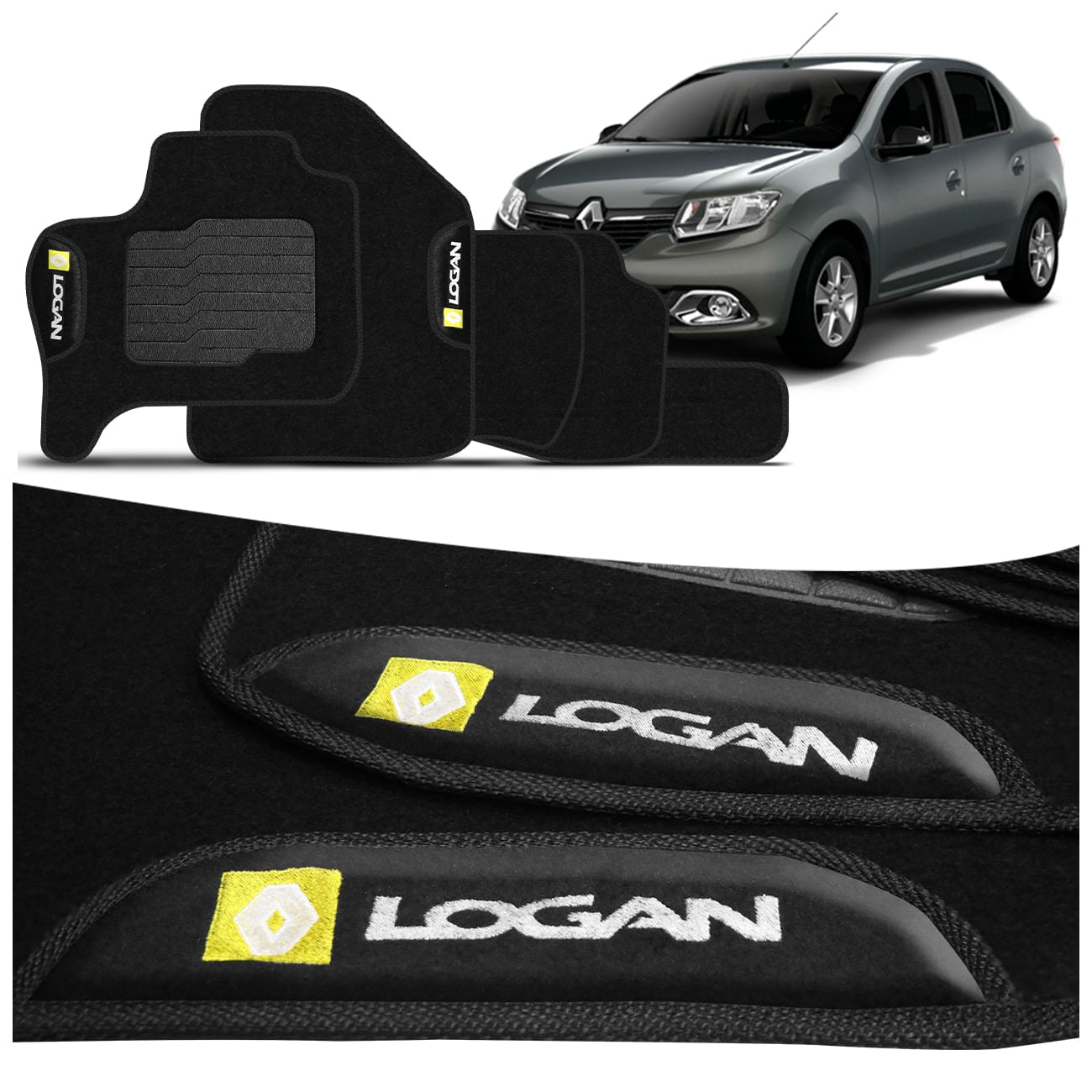 Jogo Tapete Carpete Logan 2009 a 2024 Logo Bordada 5 Peças