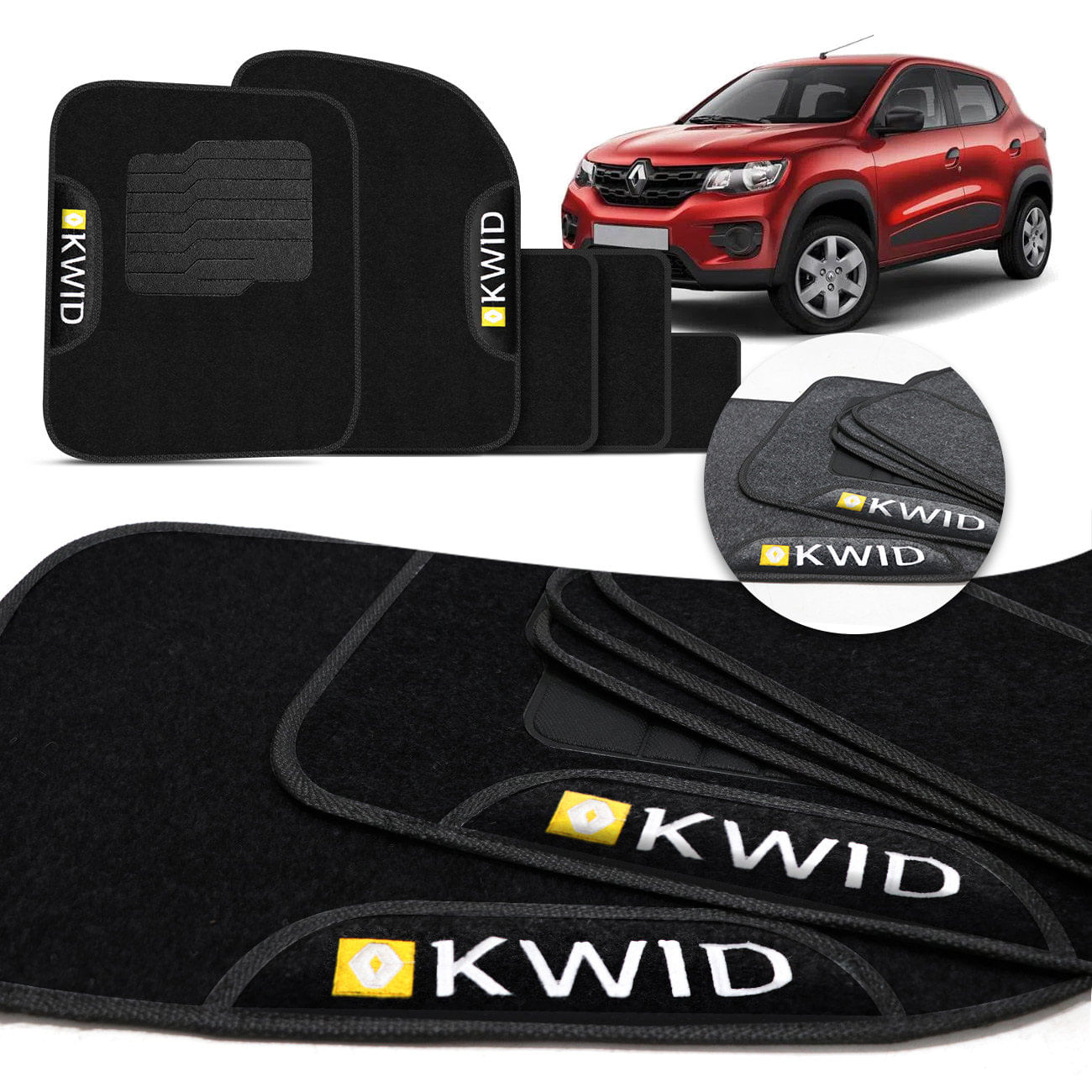 Jogo Tapete Carpete Kwid 2017 a 2025 Logo Bordada 5 Peças