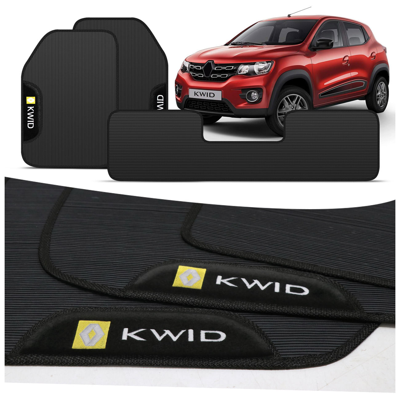Jogo de Tapetes PVC Renault Kwid 2018 a 2021 Preto Com Logo Bordada Concept 3D 3 Peças