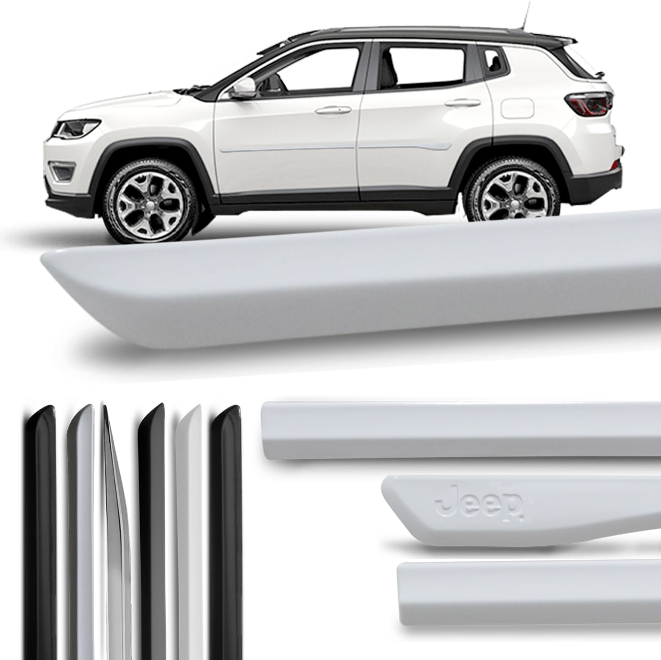 Jogo de Friso Lateral Jeep Compass 2017 a 2025 Cromado Preto com Grafia Tipo Borrachão