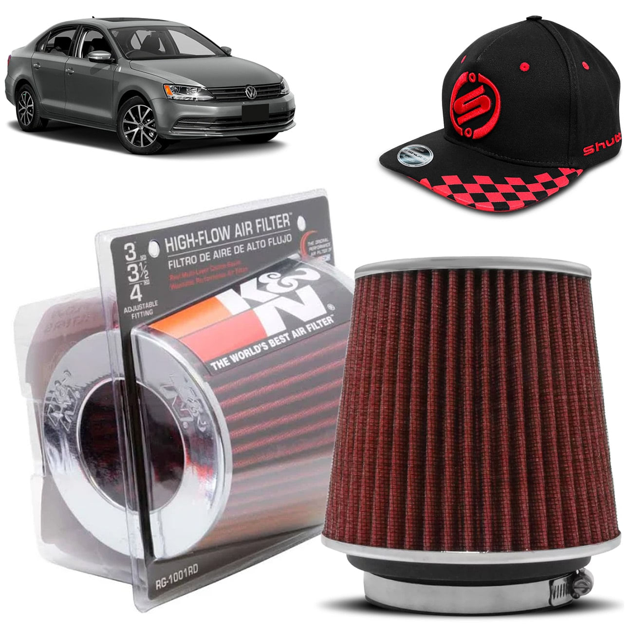 Filtro de Ar Esportivo K&N Alto Fluxo Cônico Universal Tuning Vermelho e Cromado + Boné Shutt