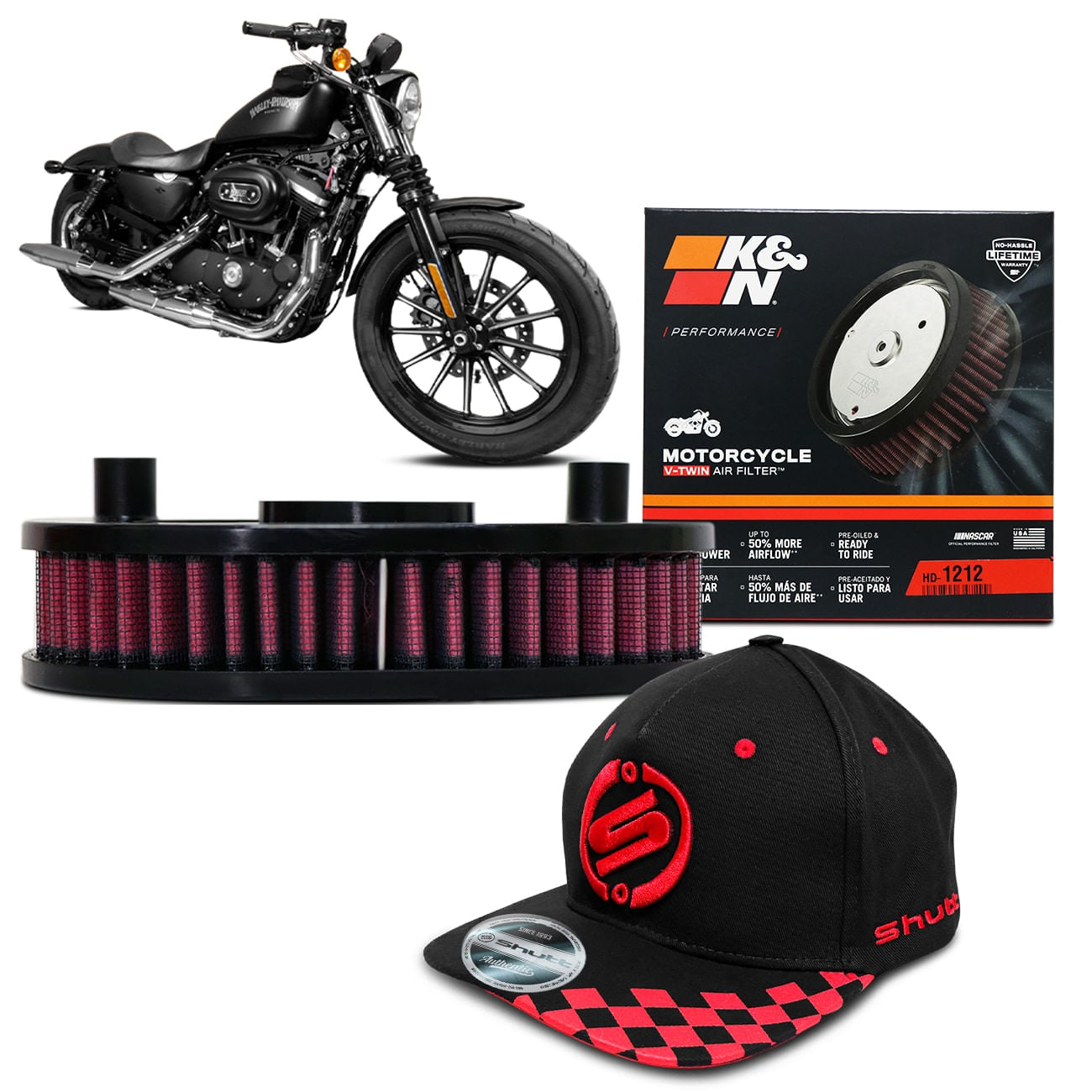 Filtro de Ar Esportivo K&N Harylei Davidson Sportster XL883 XL1200 HD-1212 + Boné Shutt