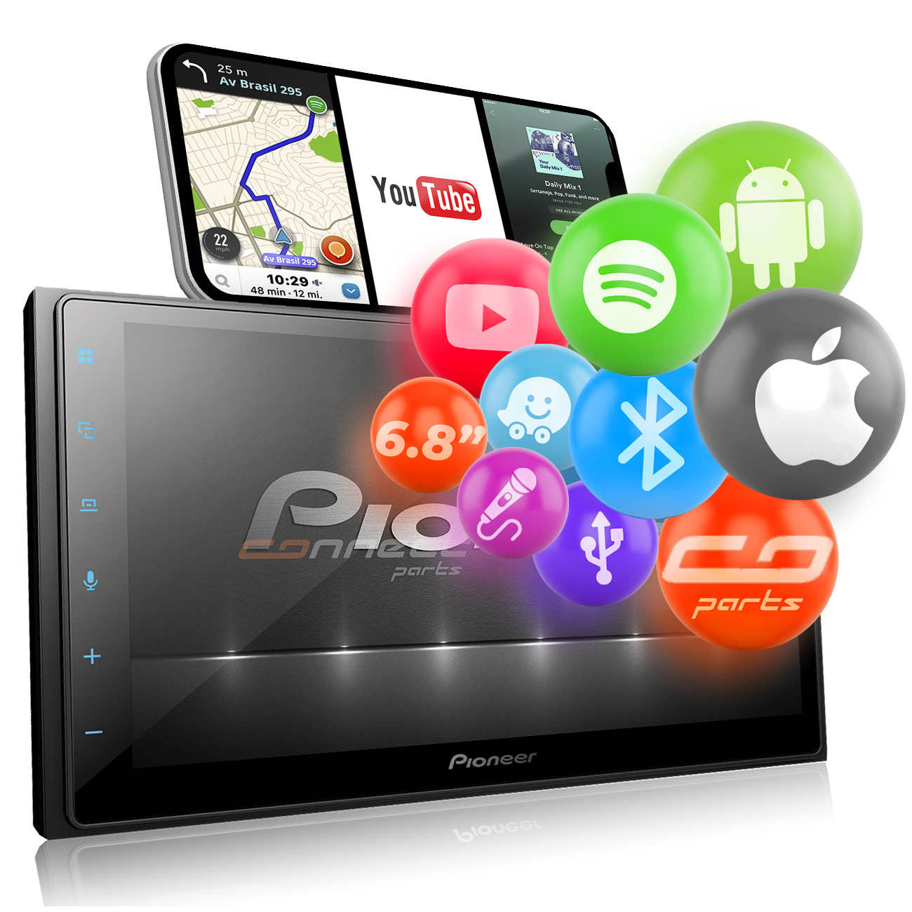 Central Multimídia Pioneer DMH-Z5380TV 2 Din 6.8” Bluetooth TV Espelhamento Android Iphone Spotify