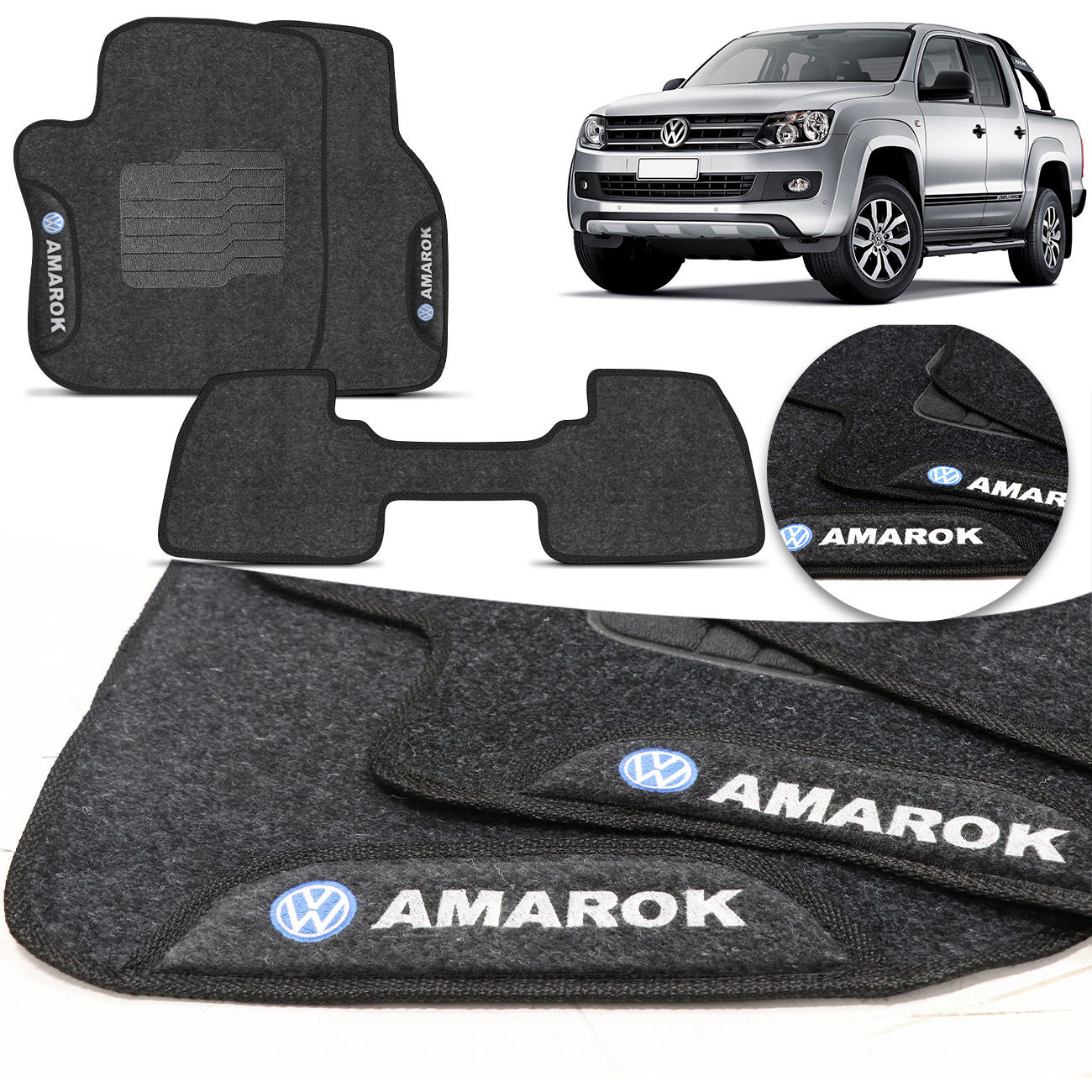 Jogo de Tapetes Carpete Amarok 2010 a 2024 Grafite Preto Cinza Com Logo Bordado Concept 3D 3 Peças