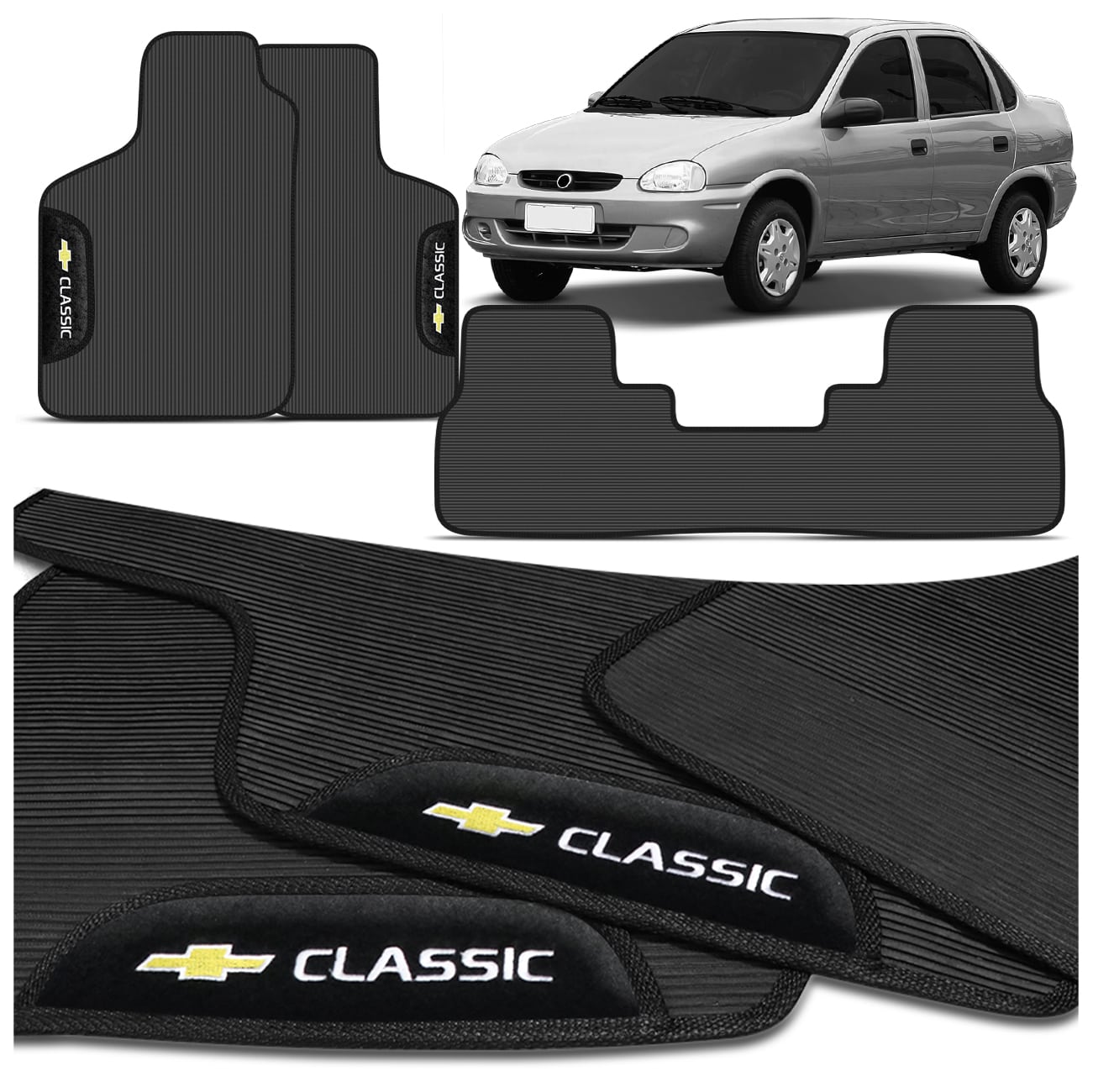 Jogo de Tapete PVC Corsa Sedan 96 a 2002 Preto Bordado Concept 3D 3 Peças