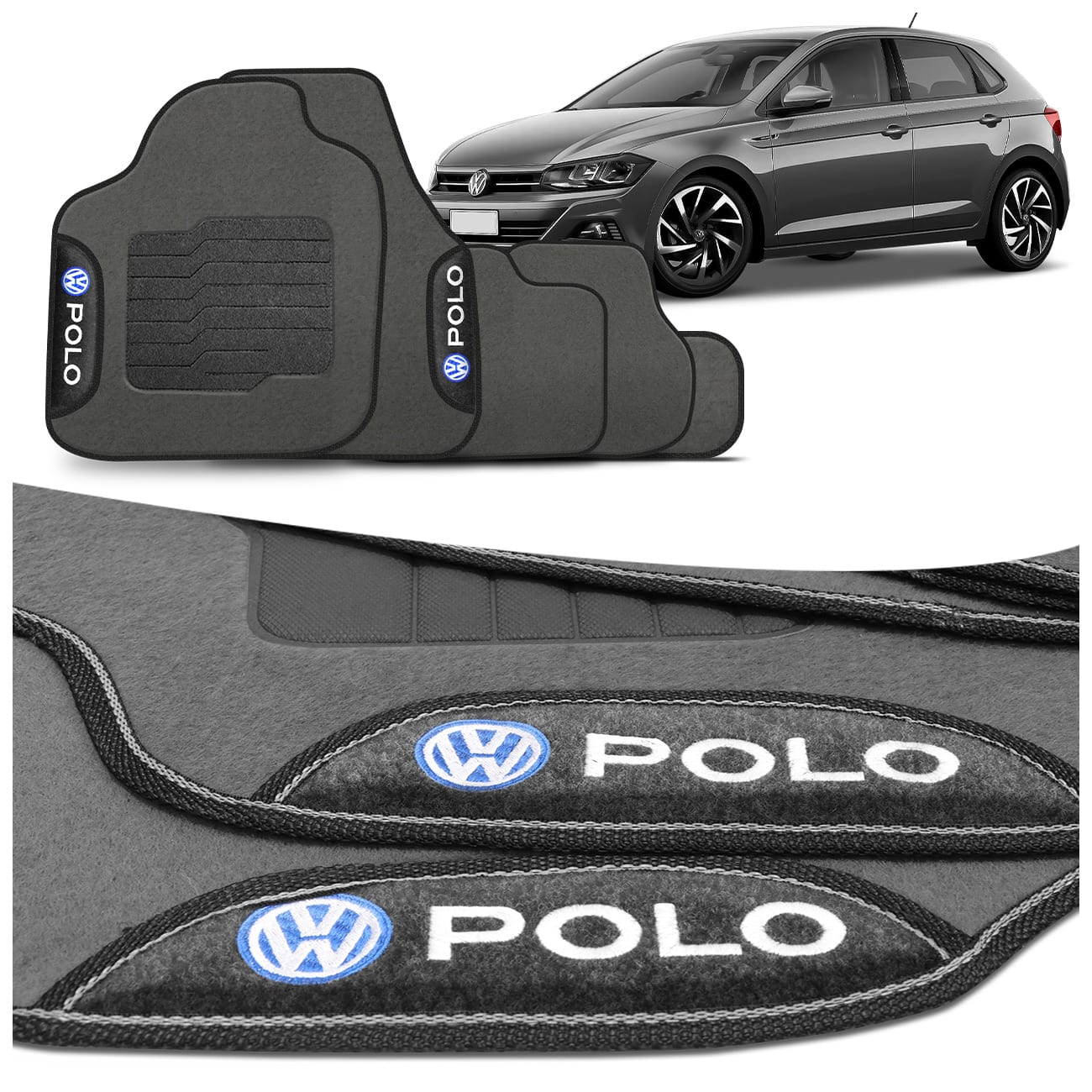 Jogo de Tapete Carpete Polo 200 TSI 2017 a 2025 Cinza Claro Com Logo Bordado Concept 3D 5 Peças