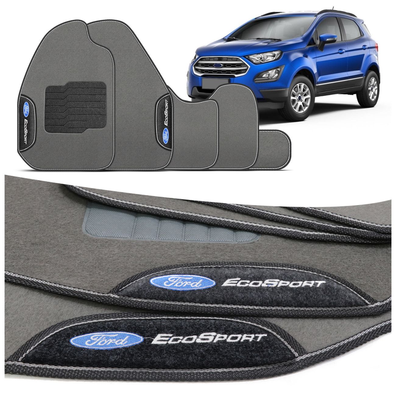 Jogo de Tapete Carpete Ecosport 2013 a 2021 Cinza Claro Logo Bordado Concept 3D 5 Peças