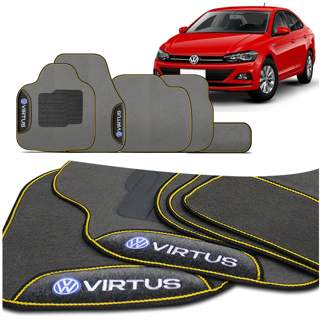 Jogo de Tapete Carpete Virtus 2018 a 2025 Preto Grafite Cinza Com Logo Bordado Concept 3D 5 Peças