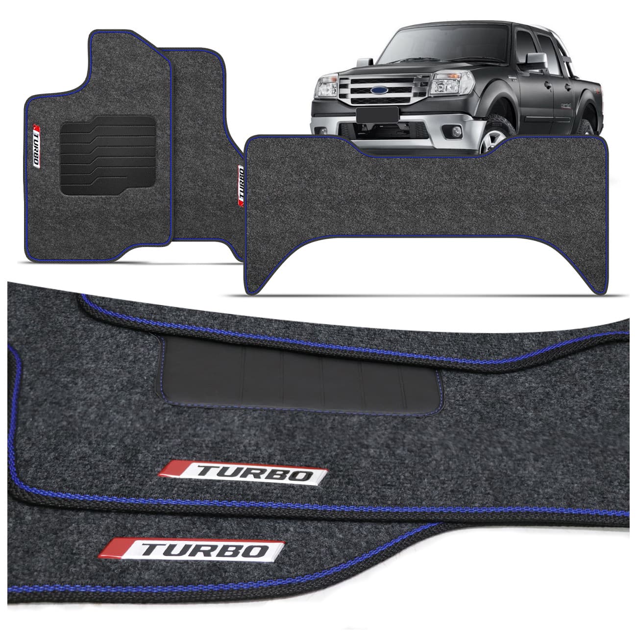 Jogo de Tapete Carpete Premium Ranger CD 98 a 2012 Grafite Com Placa Personalizada Turbo