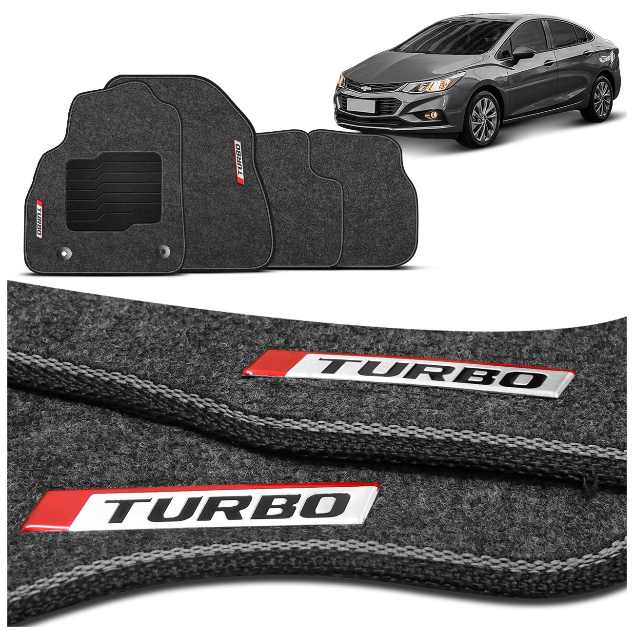 Jogo de Tapete Carpete Premium Cruze Turbo 2019 a 2023 Grafite Com Placa Personalizado
