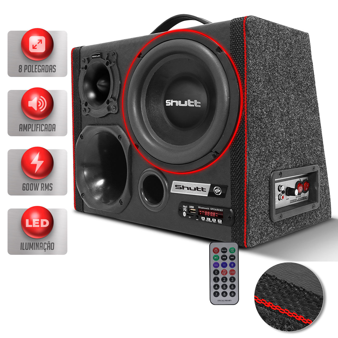 Caixa De Som Trio Amplificada 600w Subwoofer 8 Pol Shutt Bluetooth Usb Sd Led Casa Carro Completa