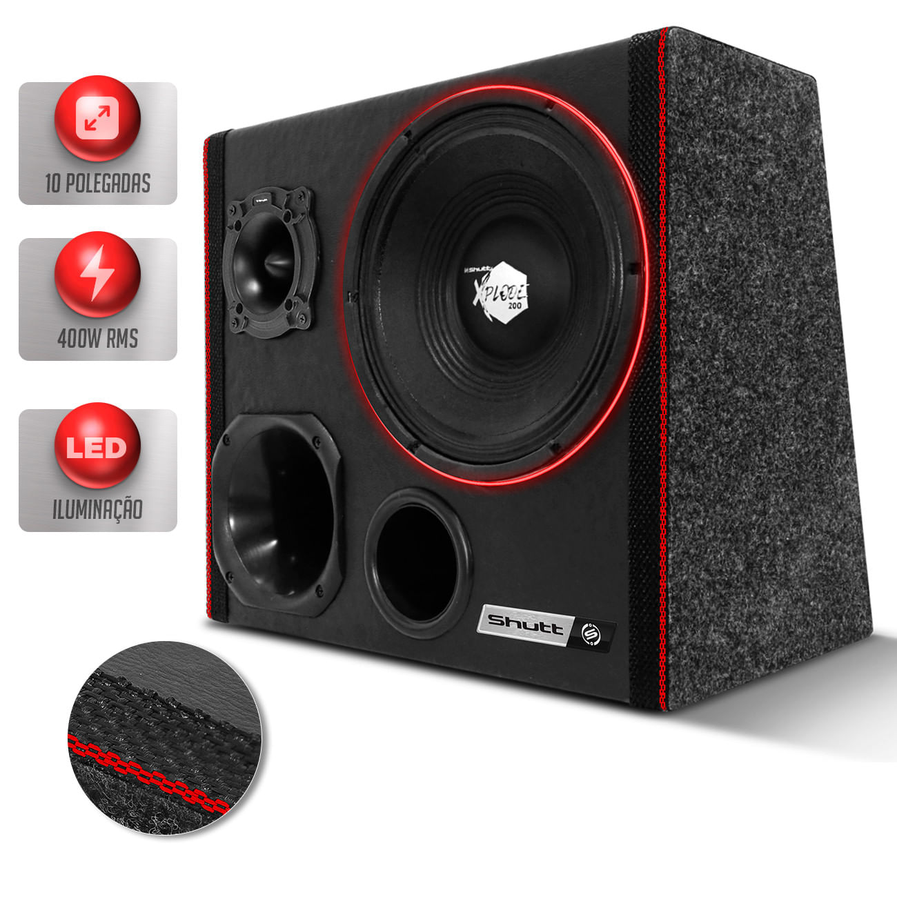 Caixa Trio Som Automotivo 10 Polegadas Shutt Xplode Neon Led 400W Driver + Corneta + Tweeter