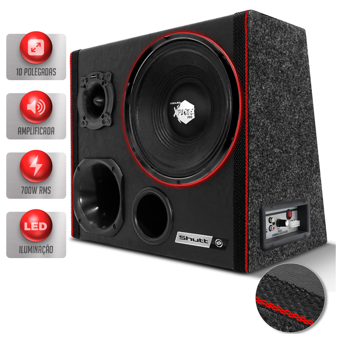 Caixa De Som Trio Automotiva Amplificada Dutada Shutt Woofer Xploode 10 Polegadas 700w Neon Completa