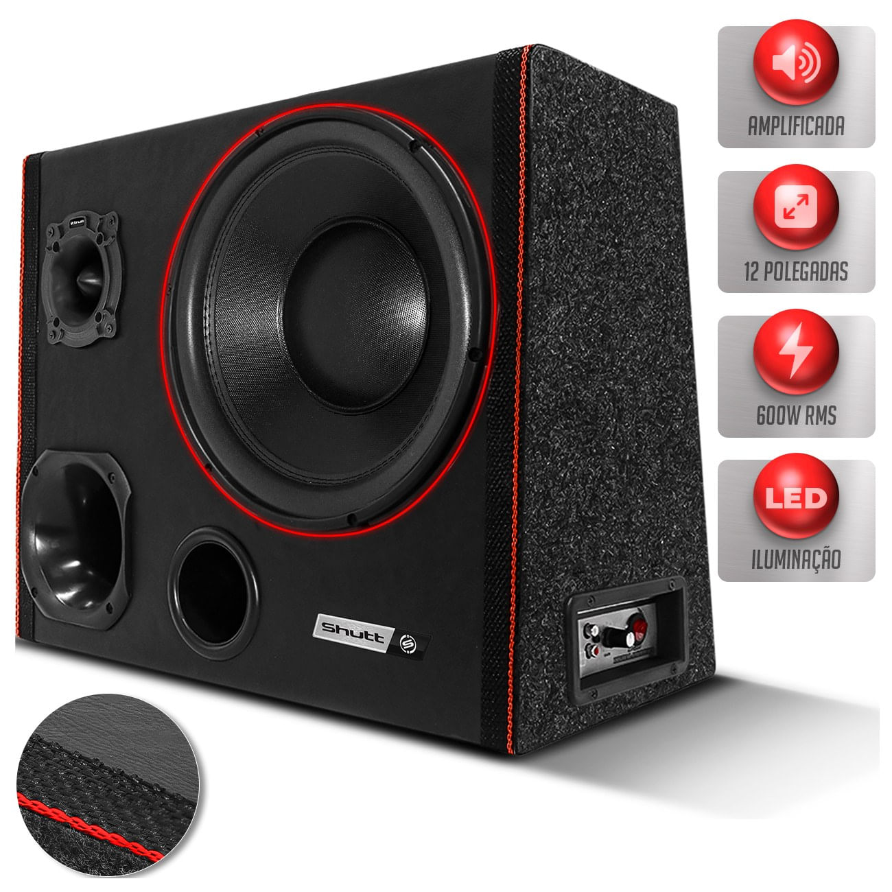Caixa De Som Trio Automotivo Amplificada Shutt 600w Subwoofer 12 Pol Connect Led Neon Grave Forte