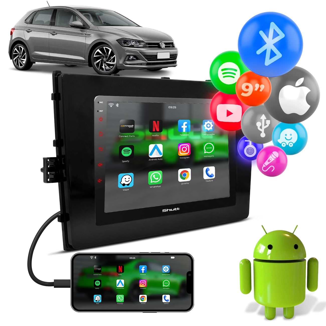 Central Multimidia Polo Virtus T-Cross Taos 2 Din 9 Polegadas Full Touch Bt Espelhamento USB FM Wifi