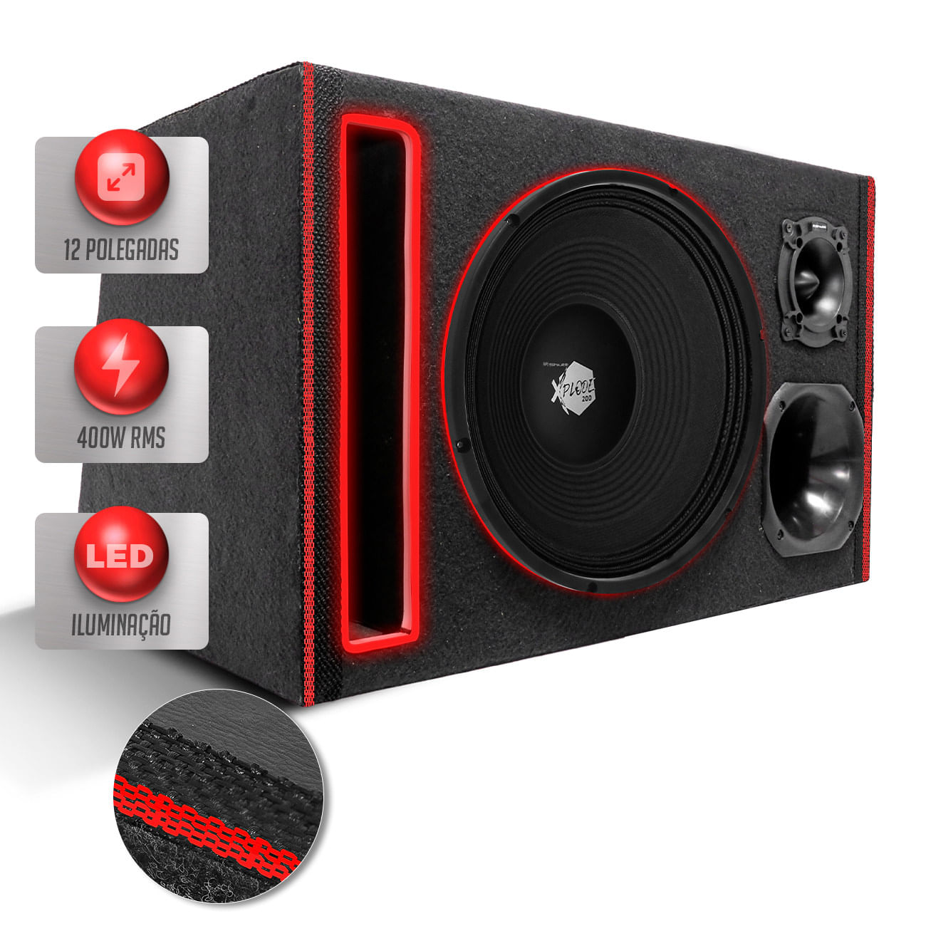 Caixa De Som Trio Automotivo Dutada Shutt Woofer Xplode 12 Polegadas 400w Led Neon Duto Régua