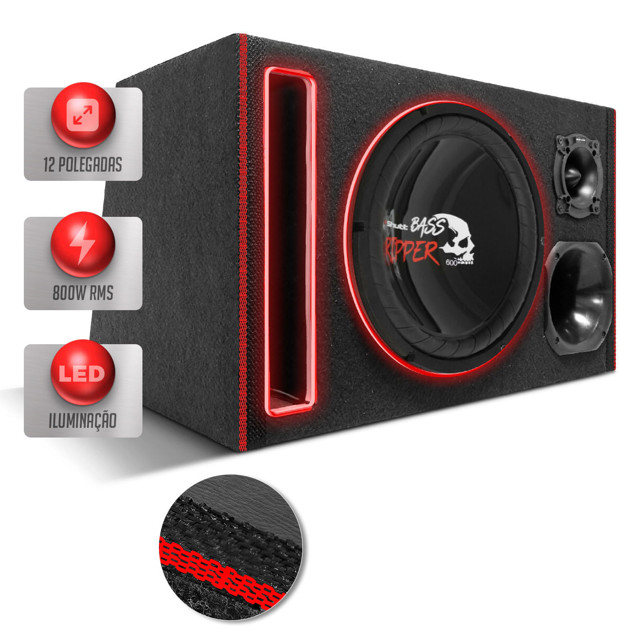 Caixa De Som Trio Automotivo Subwoofer Shutt 12 Pol Ripper 800W Duto Régua LED Neon Carro Pancadão