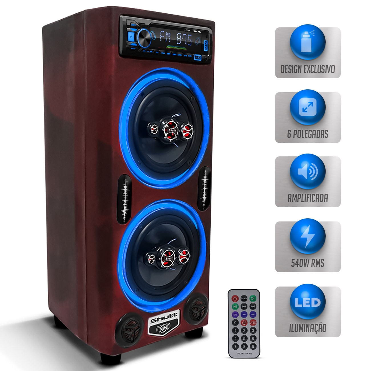 Caixa Som Bob Amplificada Shutt 540w 6 Pol + Driver Residêncial Bivolt Player Bluetooth USB SD LED