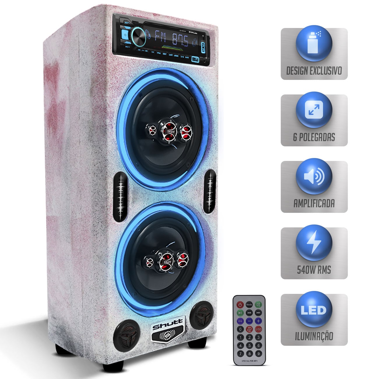 Caixa De Som Bob Residencial Amplificada 6 Pol Shutt 520W + Player Bluetooth LED Neon Festa Bar