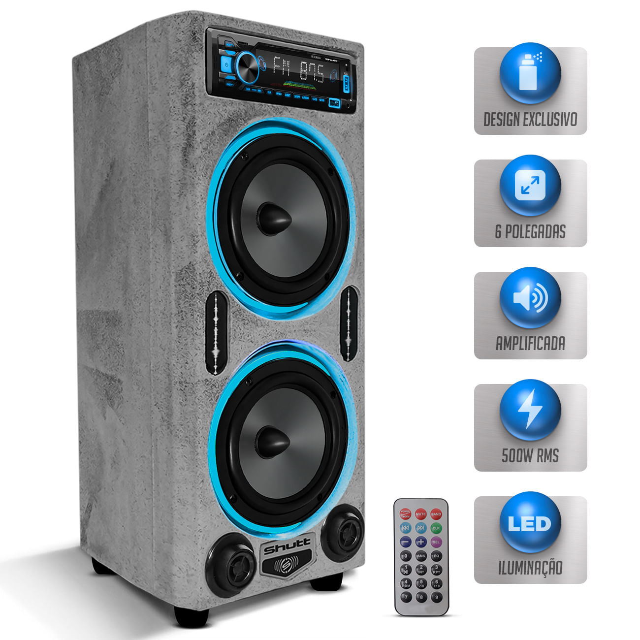 Caixa De Som Bob Residencial Amplificada Shutt 6Pol 520w + Player Shutt + Mini Tweeter C/ LED