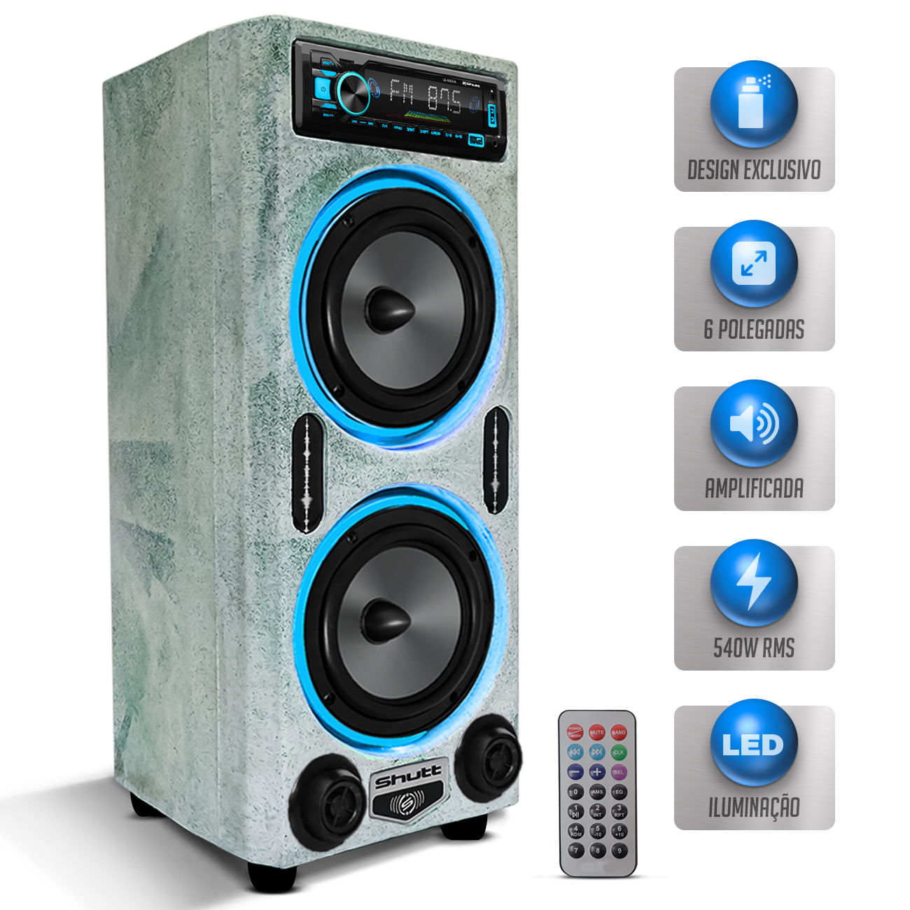 Encontraproduto.com.br - Caixa De Som Bob Residencial Amplificada Shutt 6 Polegadas 400w + Player Shutt Bluetooth + LED Neon