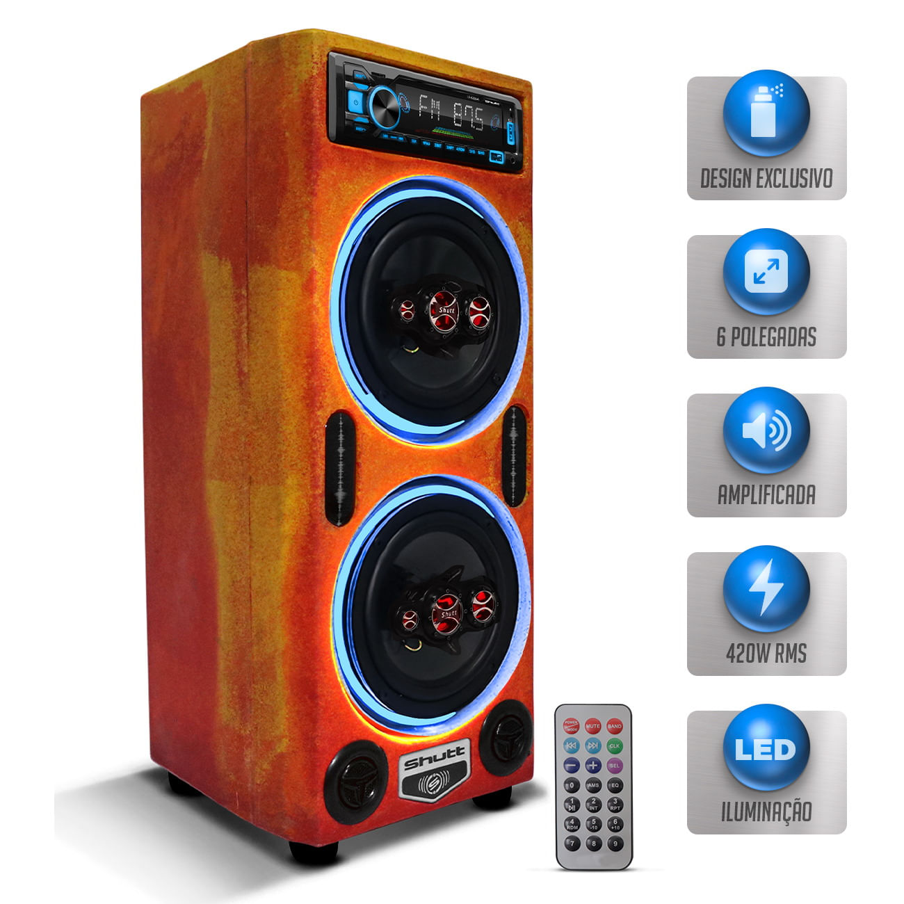 Encontraproduto.com.br - Caixa De Som Bob Residencial Amplificada Shutt 6 Polegadas 400w + Player Shutt + C/ LED Completa
