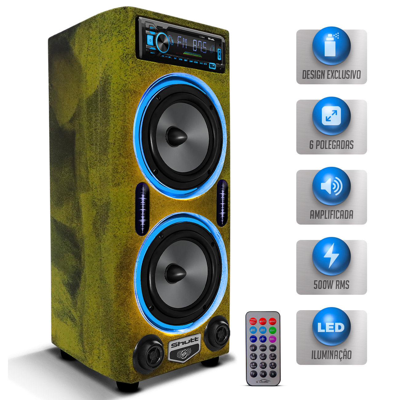 Encontraproduto.com.br - Caixa De Som Bob Residencial Amplificada Shutt 6 Polegadas 400w C/ Led Neon Som Forte Completa