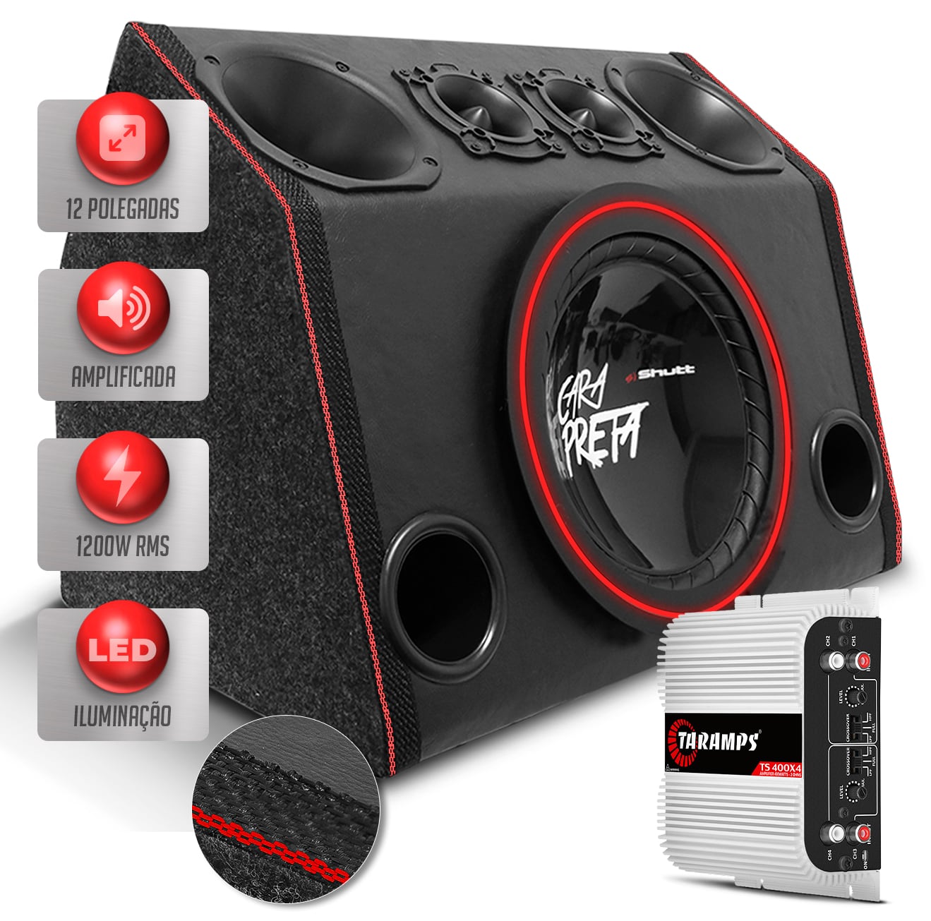 Caixa De Som Igrejinha Trio Automotivo Shutt Subwoofer Cara Preta 12 Pol 1200w RMS + Módulo TS400