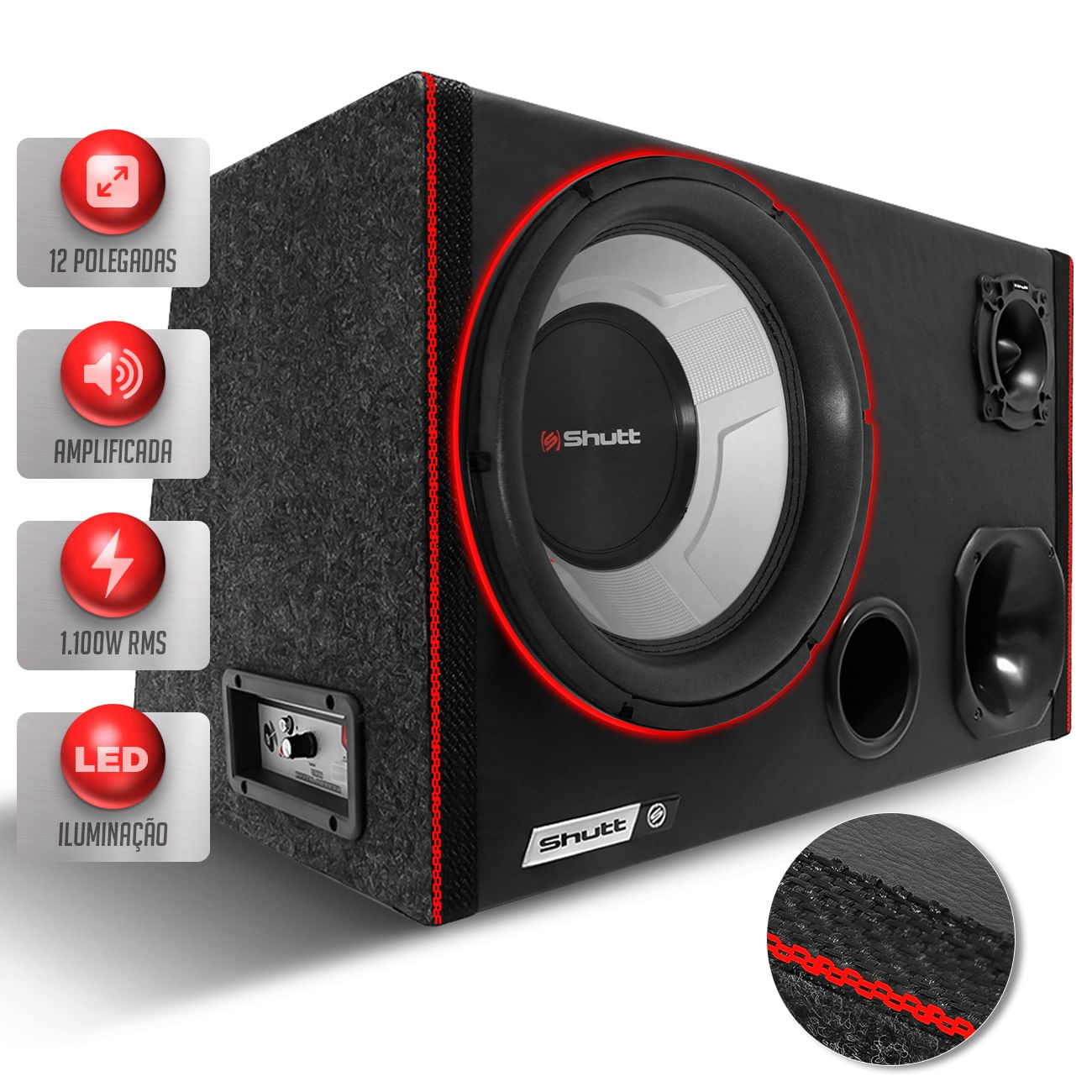 Caixa Som Trio Automotivo Amplificada Subwoofer 12 Polegadas Shutt 1100w RMS Ativa Led Grave Forte