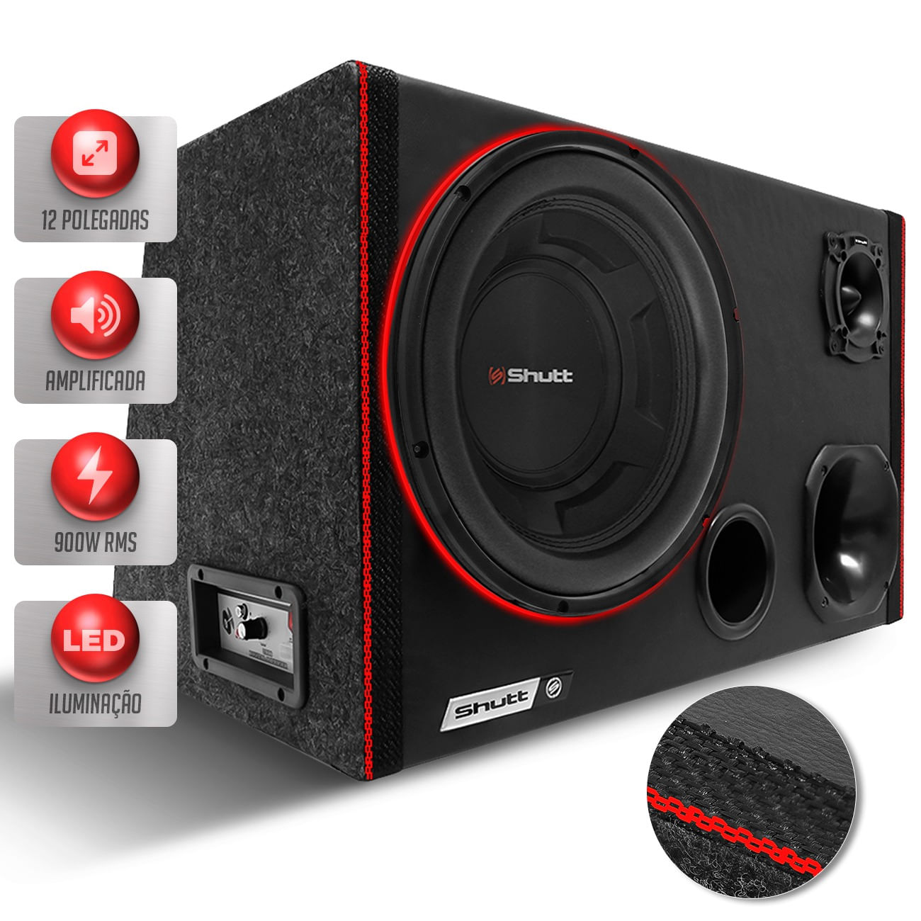 Caixa Som Trio Amplificada Shutt Subwoofer 12 Polegadas 1100w RMS Automotivo Ativa Grave Forte