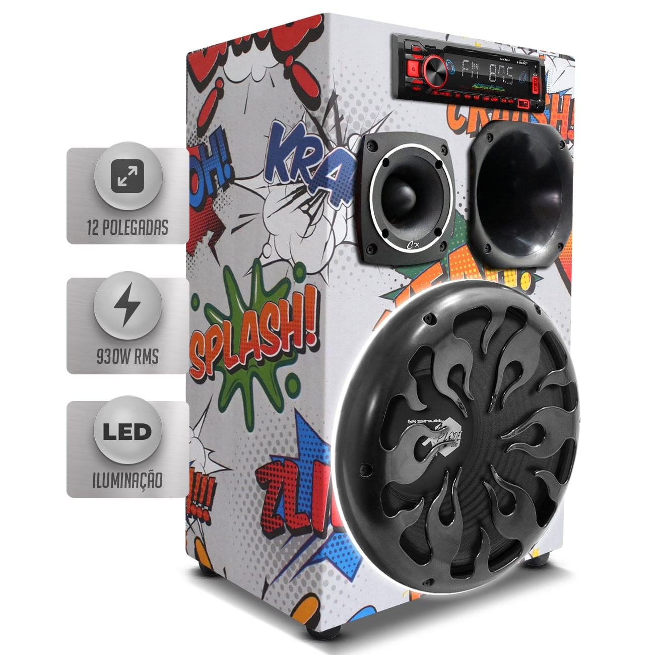 Caixa De Som Trio Bob Residencial 930w RMS Amplificada Woofer Shutt Xplode 12 Pol Tela Fire Led Neon