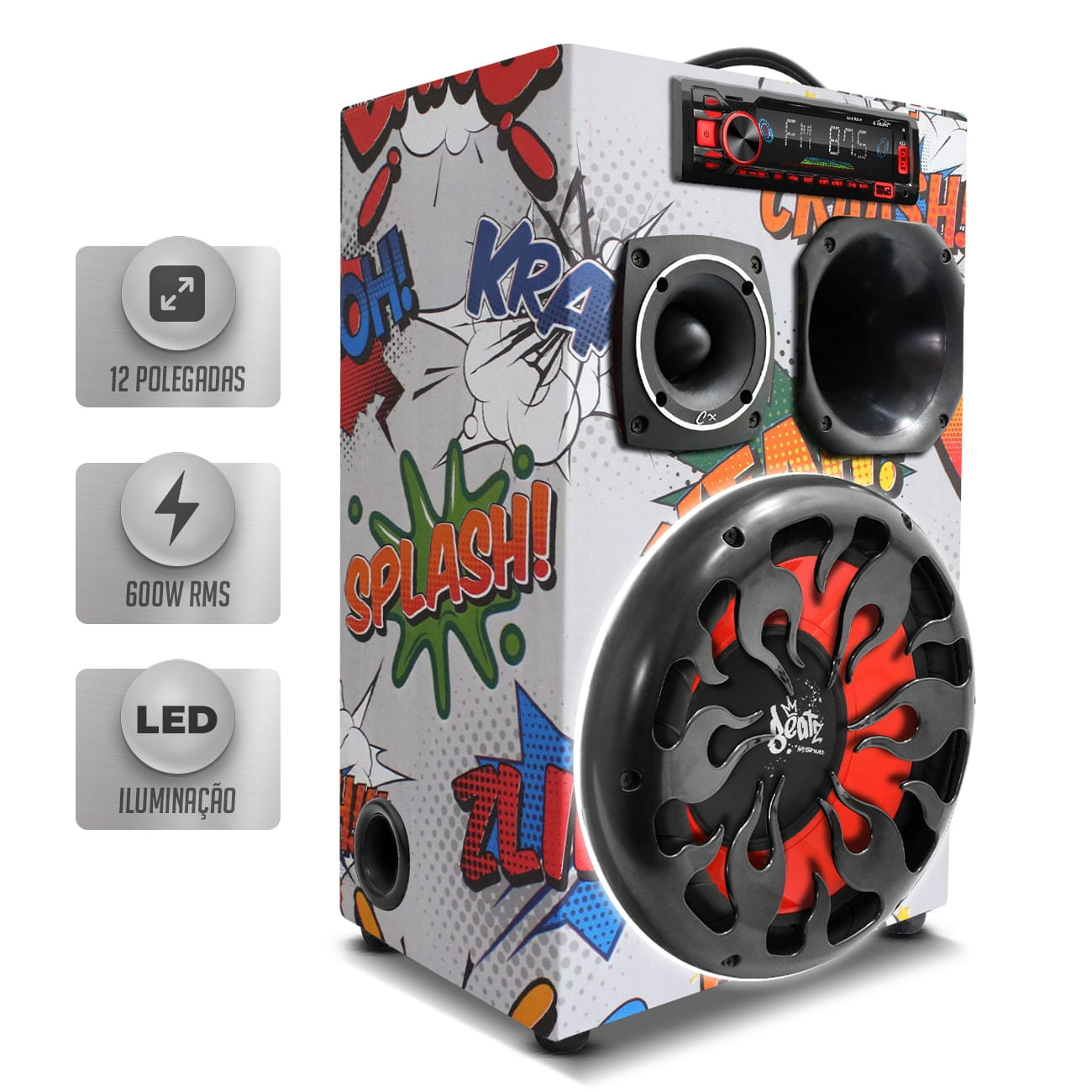 Caixa de Som Trio Bob Residencial 600W RMS Amplificada Shutt Beatz 12 Pol Tela Fire LED Neon