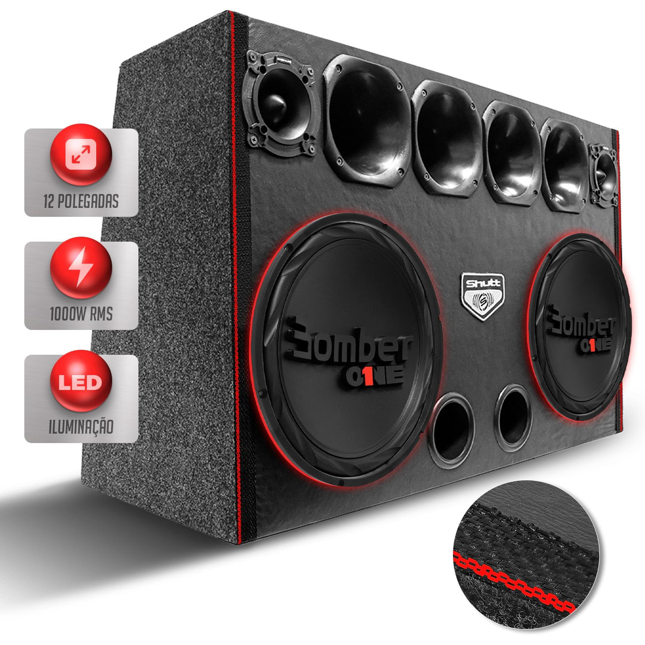 Caixa De Som Trio Corneteira Automotivo Shutt Subwoofer Bomber One 12 Polegadas 1000W LED Neon