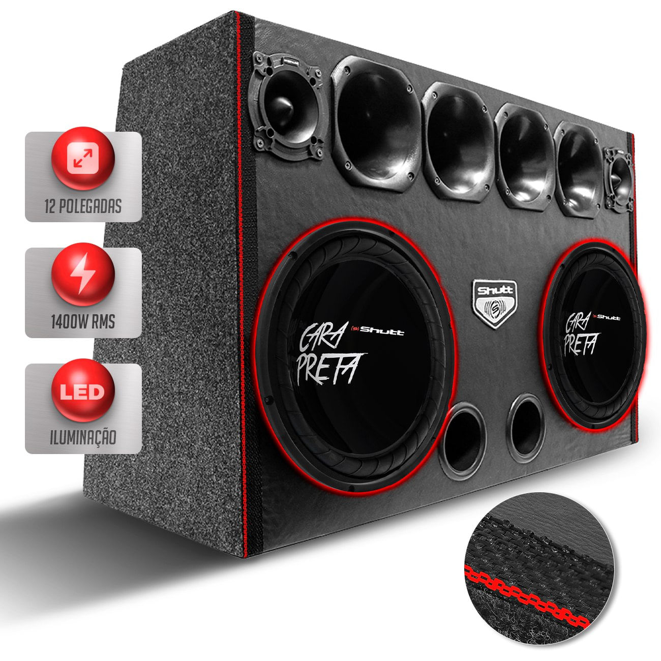 Caixa Som Shutt Big Neon Force Subwoofer Cara Preta 1400w RMS Driver + Tweeter + Subwoofer LED Neon