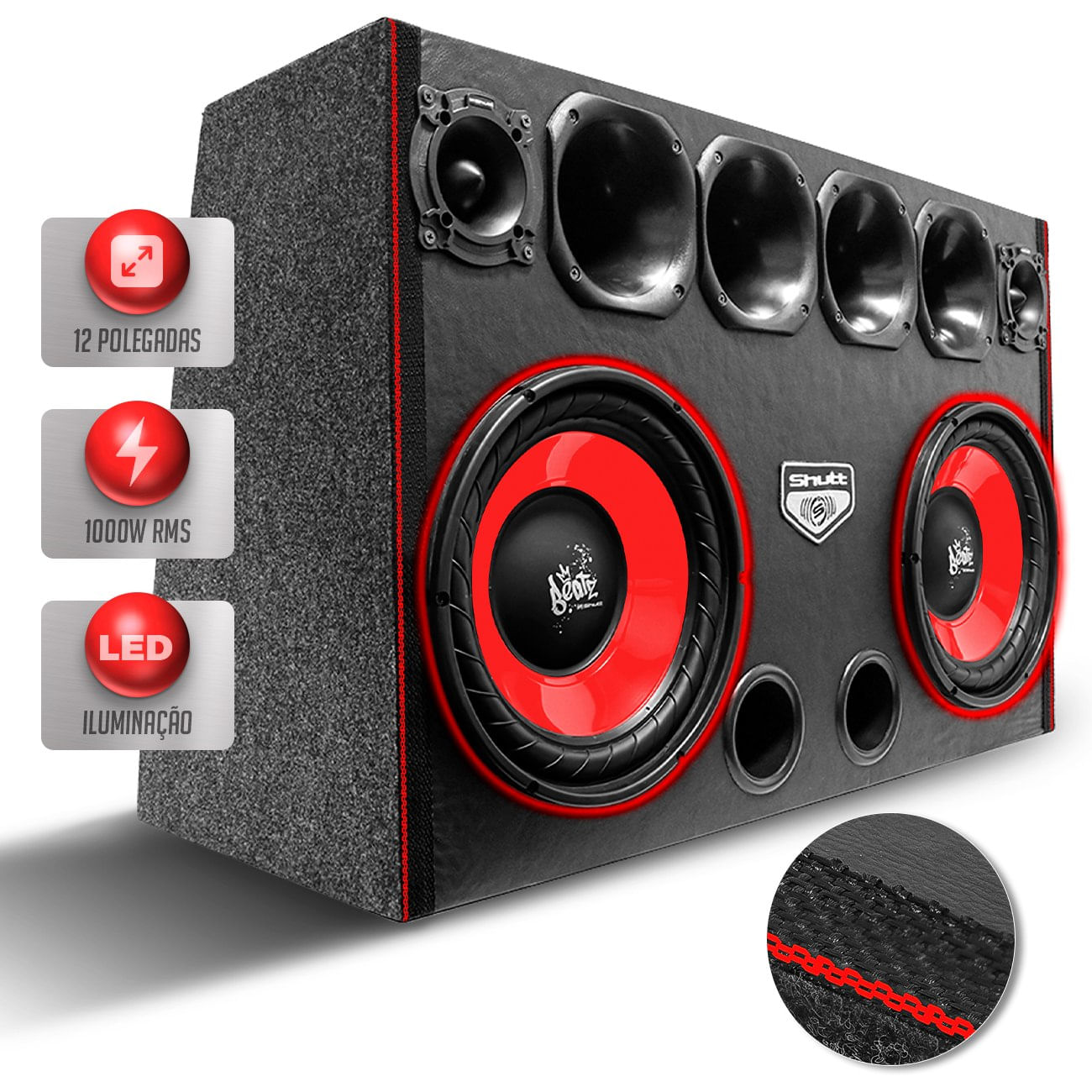 Caixa Som Trio Automotivo Shutt Subwoofer Beatz 12 Polegadas 1000w RMS Carro Pancadão Grave LED Neon