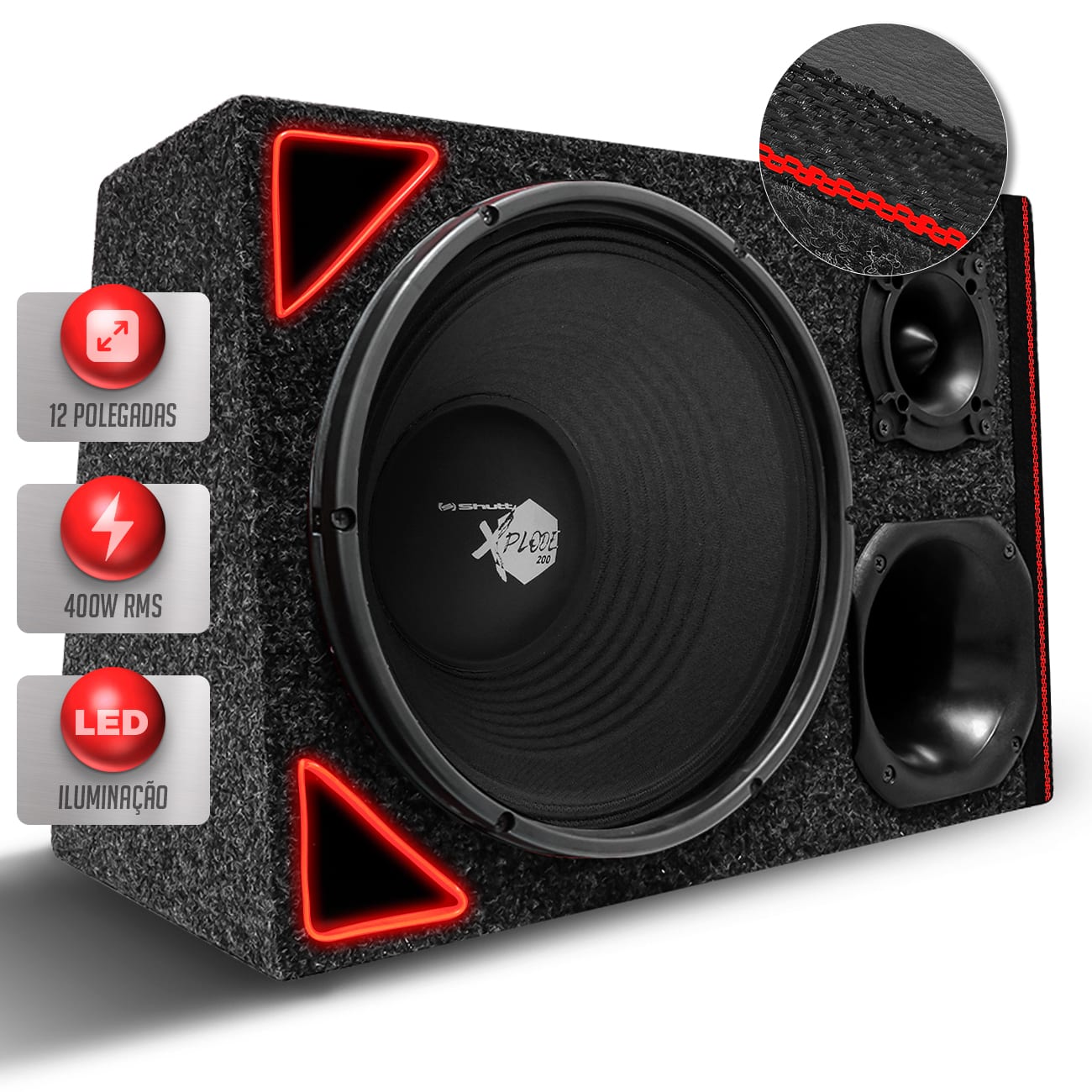 Encontraproduto.com.br - Caixa De Som Trio Automotivo Shutt Woofer Xplode 12 Polegadas 400w RMS Duto Régua LED Neon