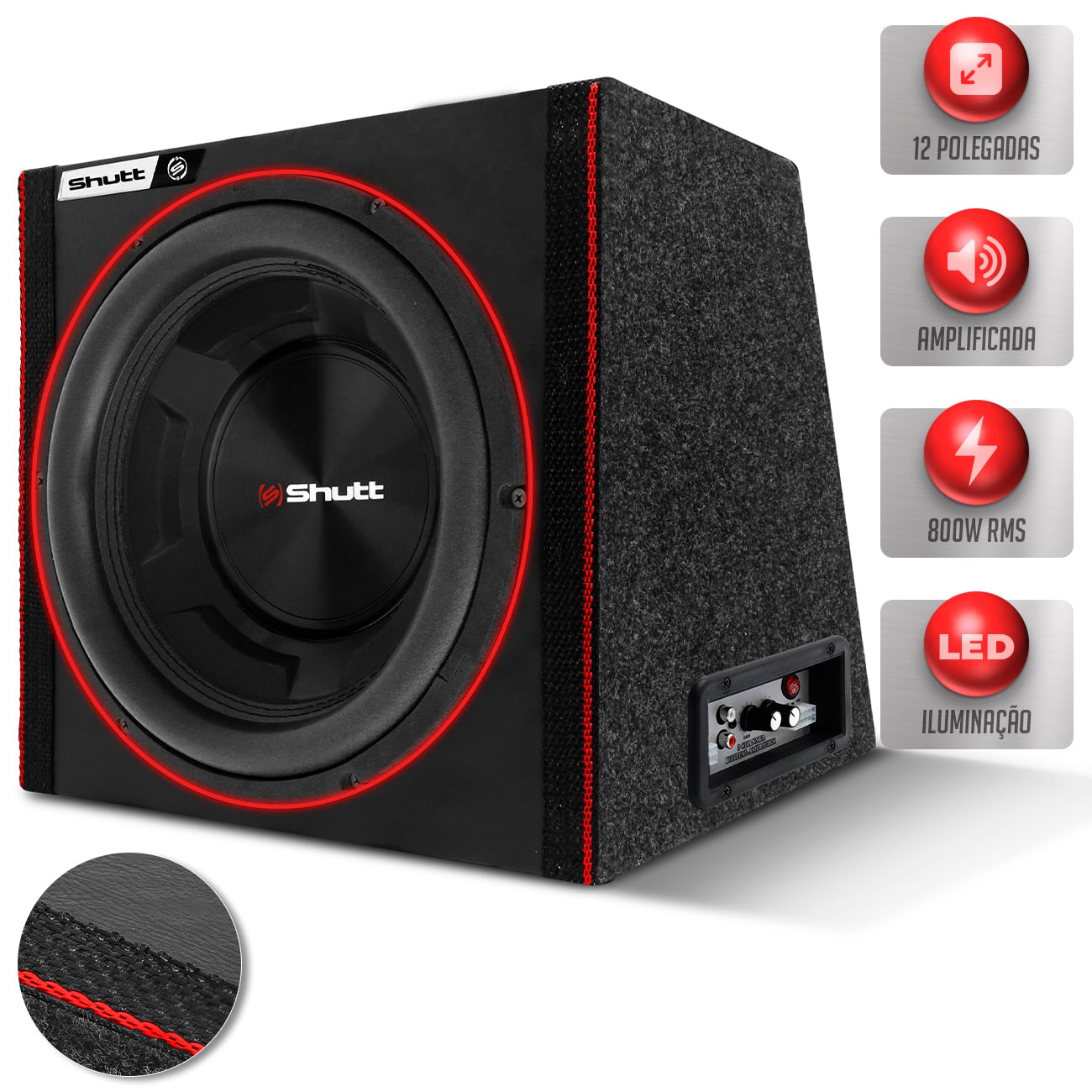 Caixa De Som Automotivo Amplificada Shutt Boss Bass 800w Subwoofer 4D 12 Polegadas Selada Led Neon