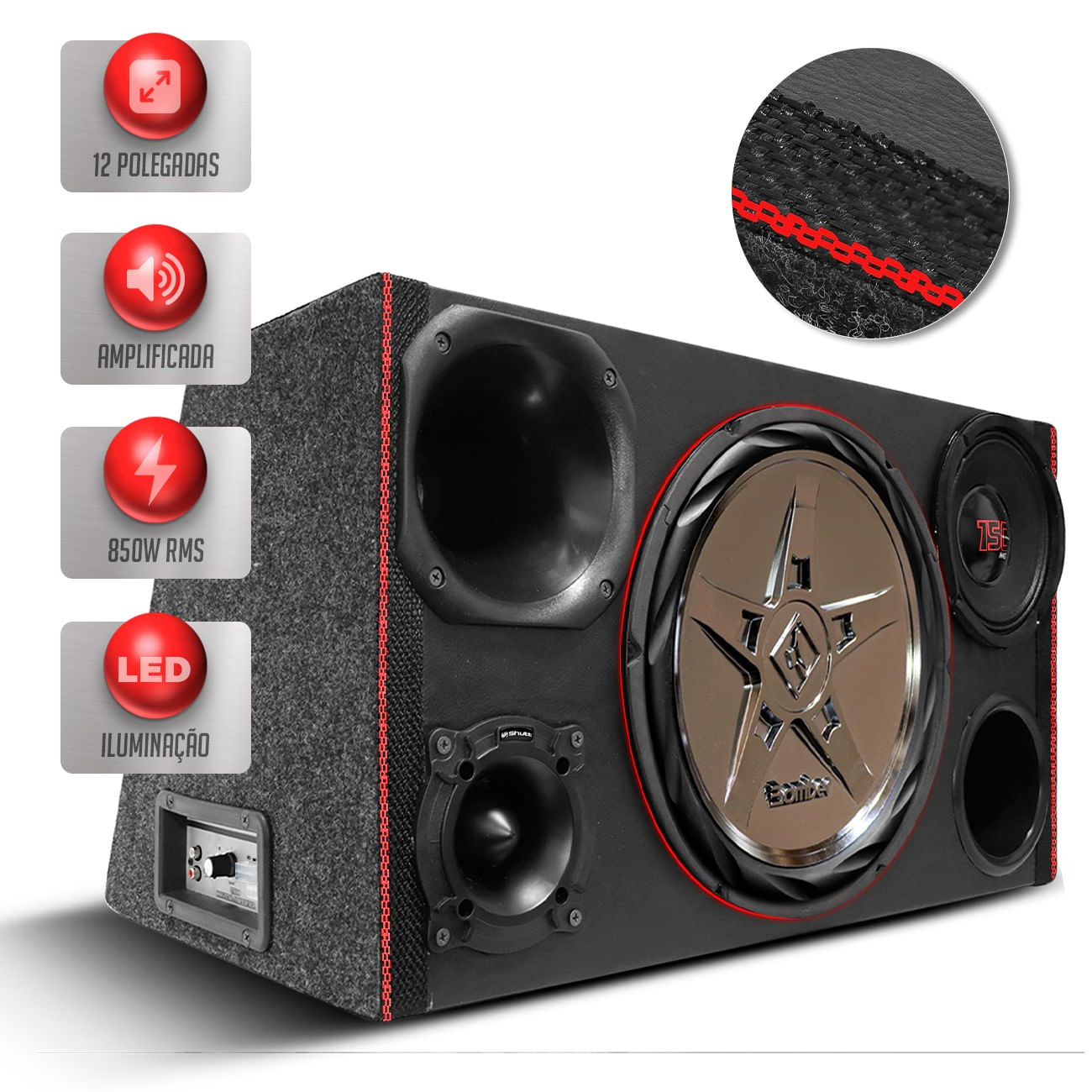 Caixa Som Trio Goiano Amplificada 850w Subwoofer Bomber Edge + Woofer Shutt 4 Vias Toca Muito + Led