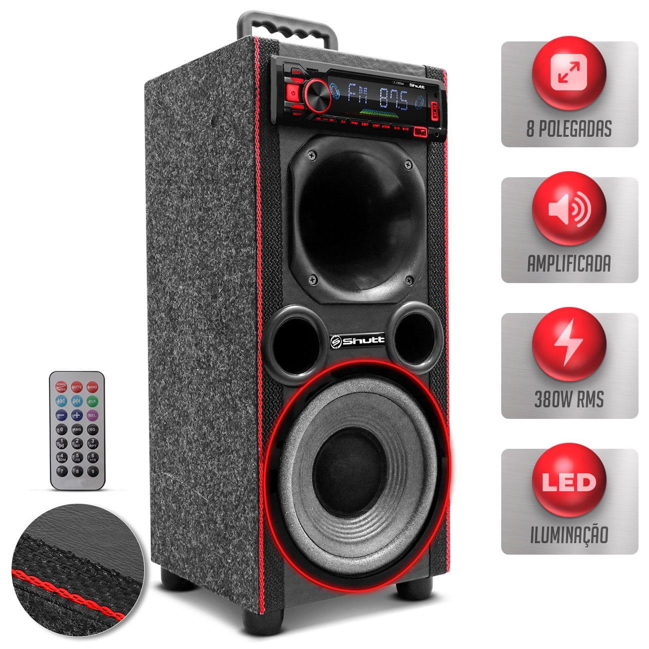 Caixa De Som Bob Residencial Shutt Amplificada 380w RMS Subwoofer Novik 8 Polegadas Dutada Led Neon