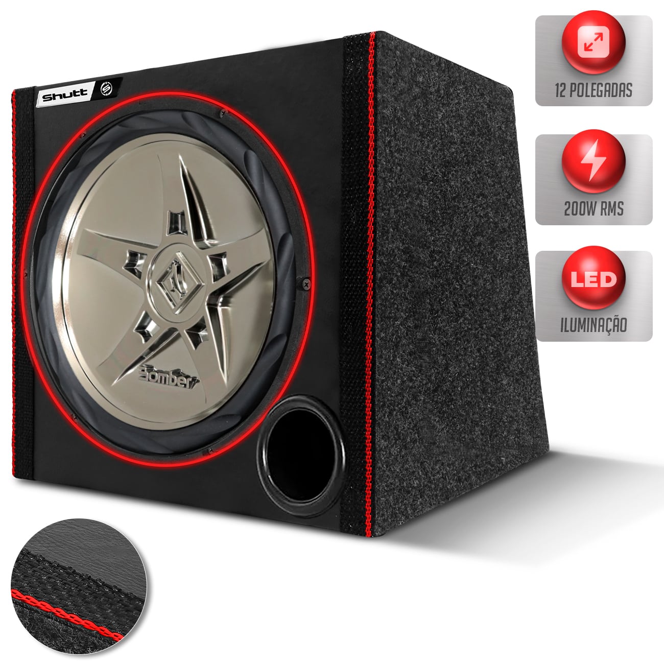 Caixa Som Automotivo 200w Subwoofer Bomber 12 Polegadas Edge Grave Forte Porta Malas Dutada Led Neon