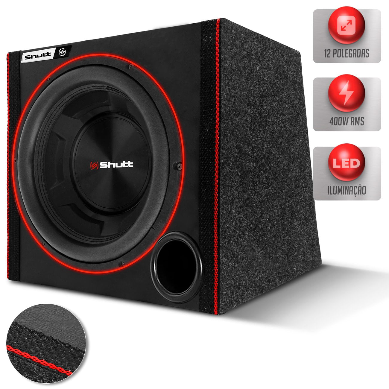 Caixa Som Automotivo Shutt 400w Subwoofer 12 Polegadas Dutada Grave Forte Porta Mala Led Neon