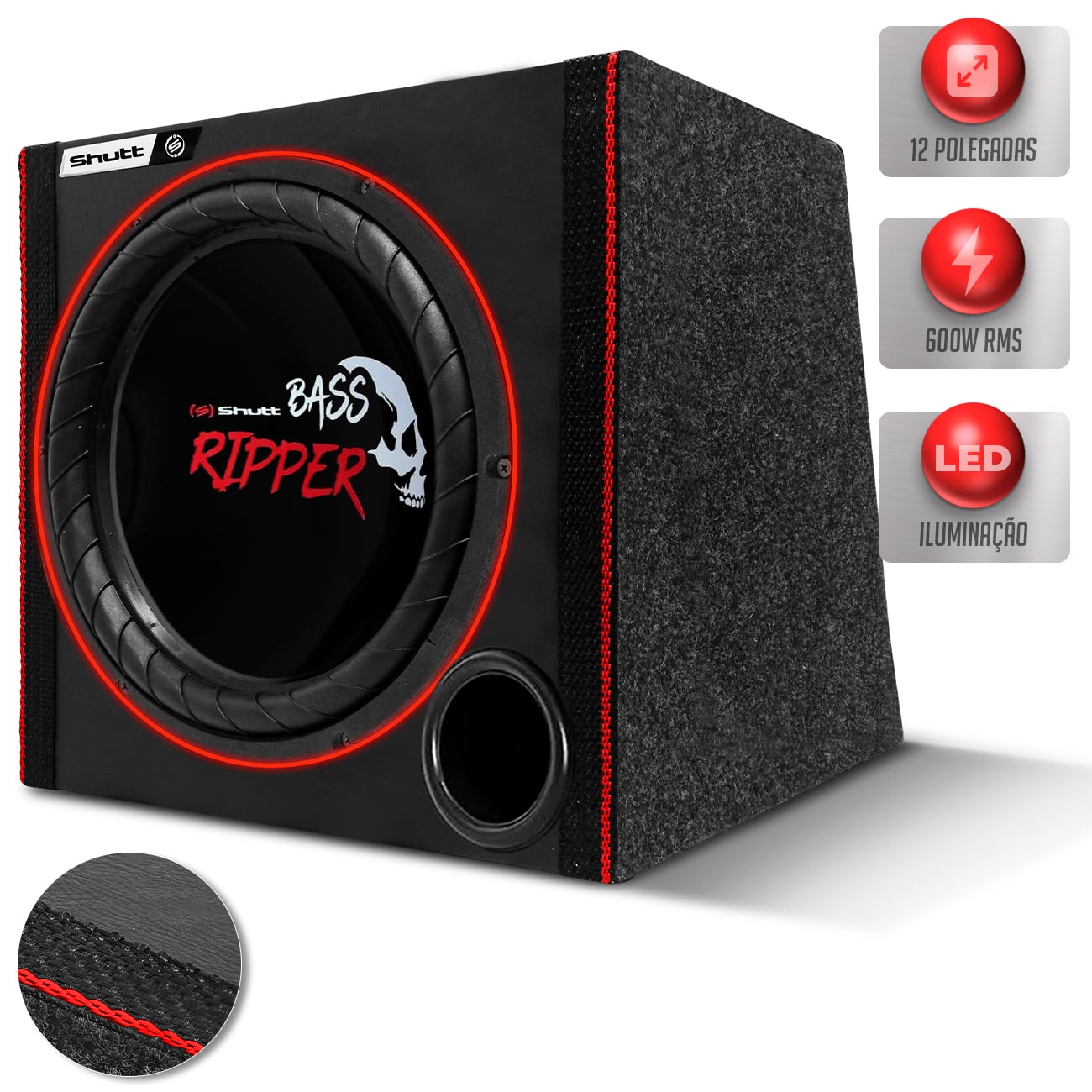 Caixa De Som Boss Bass 600w Shutt Subwoofer Ripper Caveira 12 Pol Dutada Porta Malas Grave Forte LED