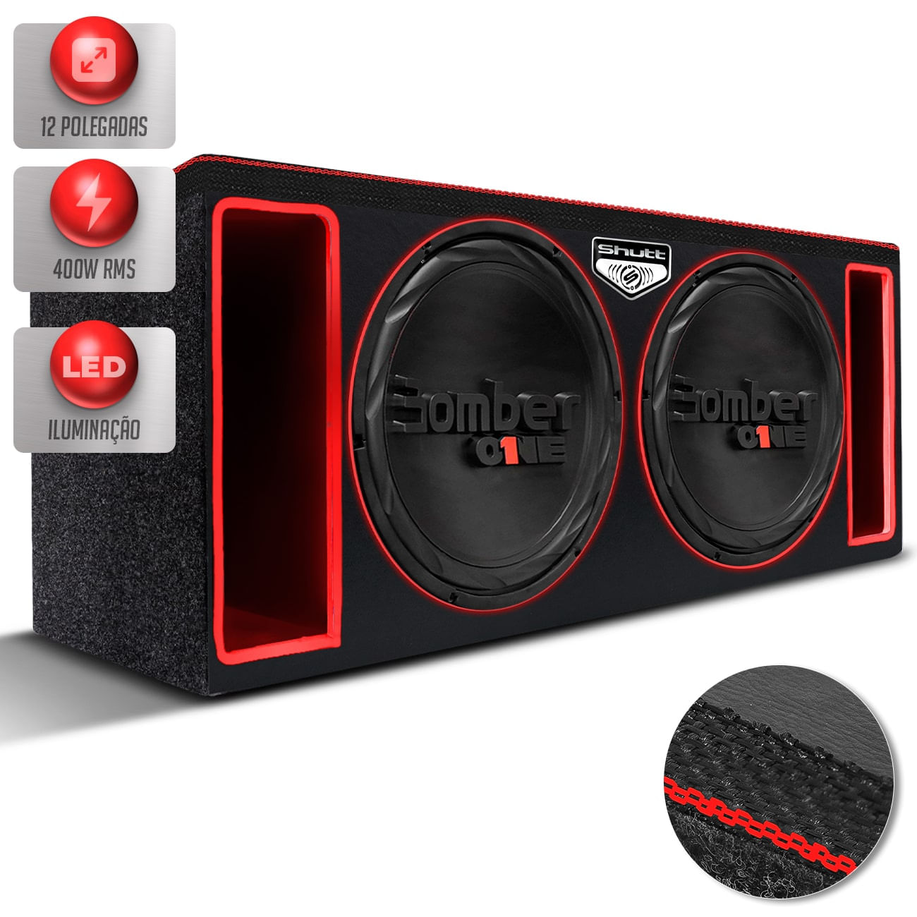 Caixa Som Automotivo Bomber 400w RMS 2 Subwoofer One 12 Pol 79L Duto Régua Grave Forte Pancadão LED