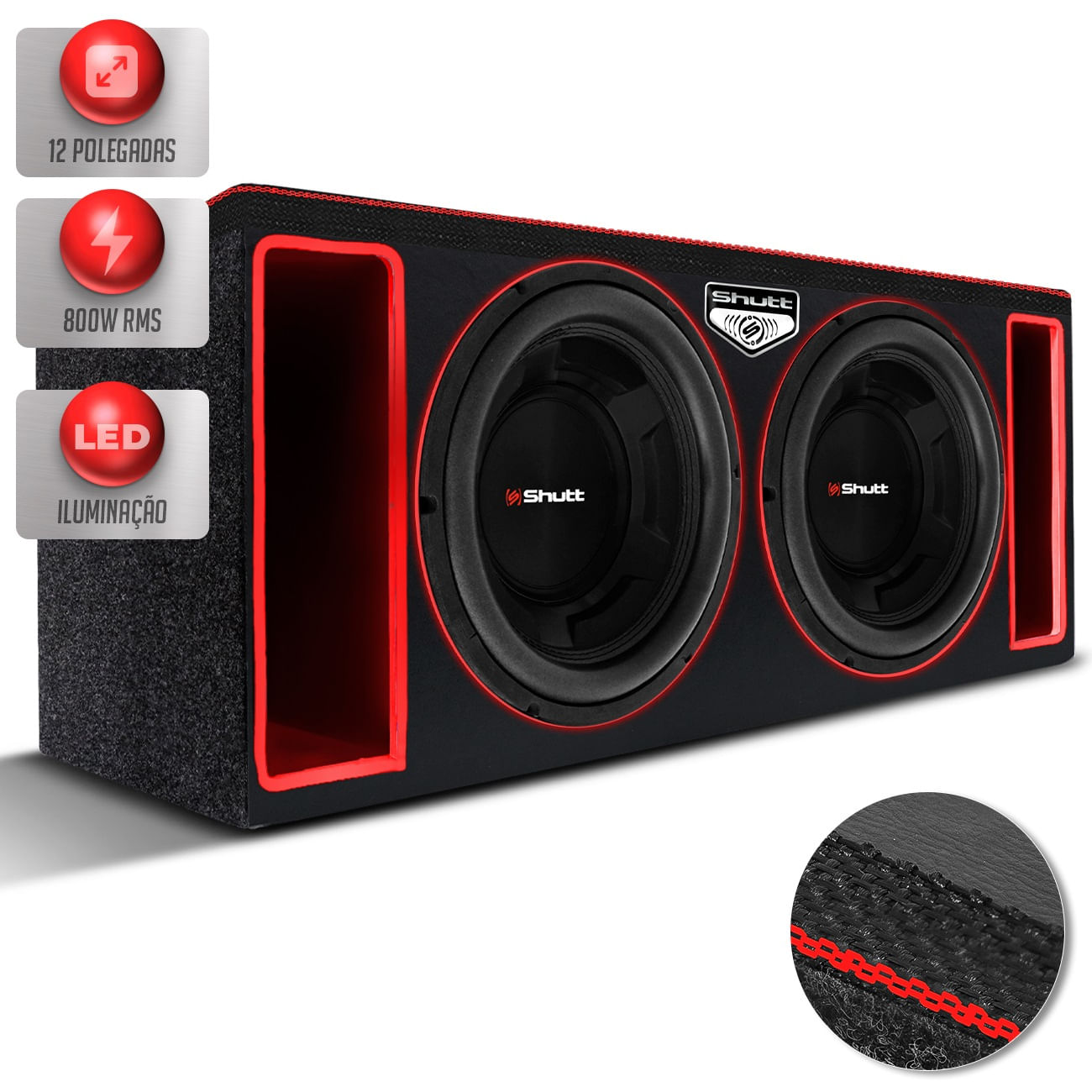 Caixa Som Automotivo Shutt 800w RMS 2 Subwoofer 4D 12 Pol 79L Duto Régua Grave Forte Pancadão LED